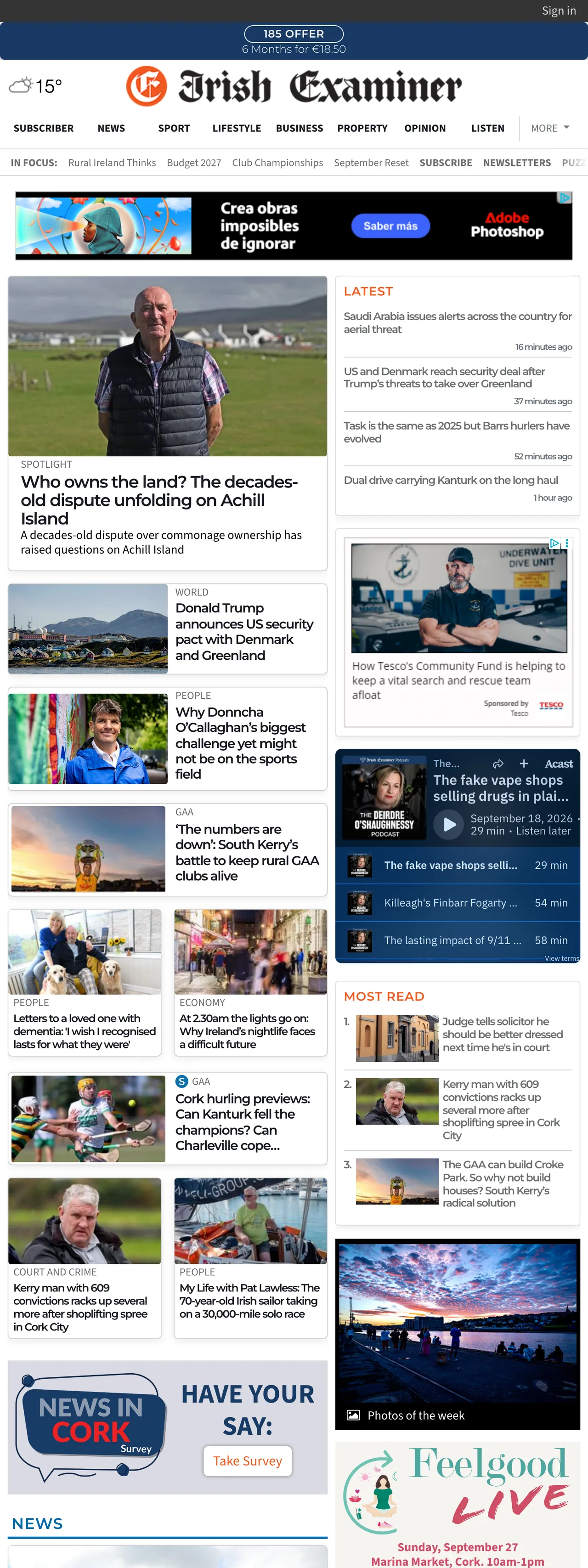 Screenshot of the Irish Examiner front page