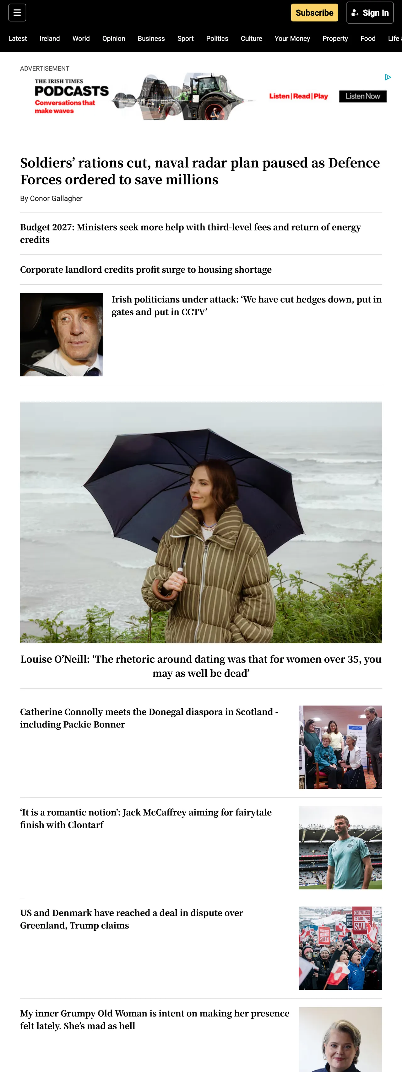 Screenshot of the The Irish Times front page