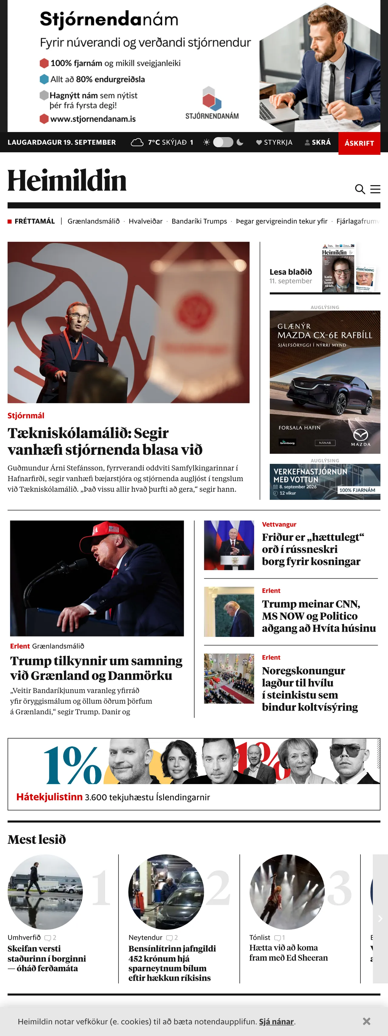 Screenshot of the Heimildin front page