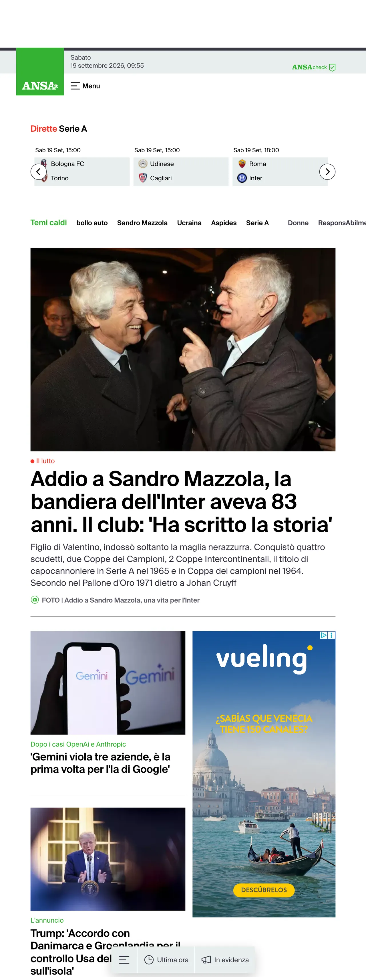 Screenshot of the ANSA front page