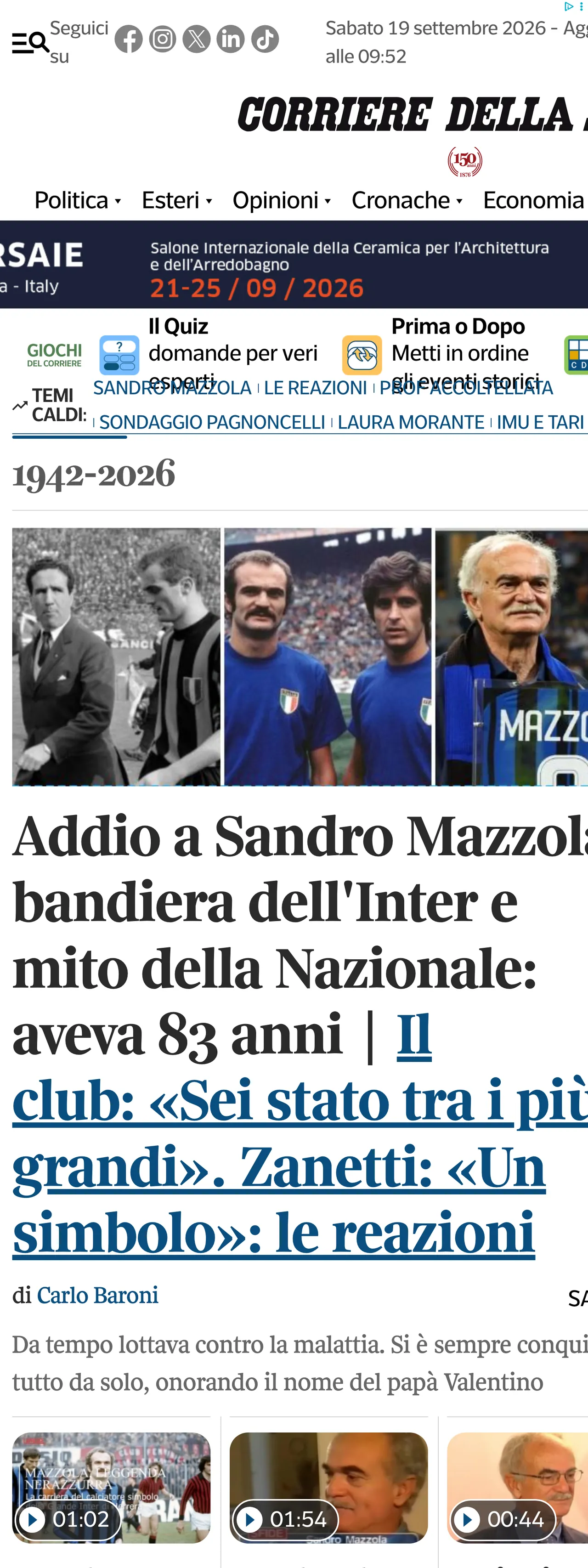 Screenshot of the Corriere della Sera front page
