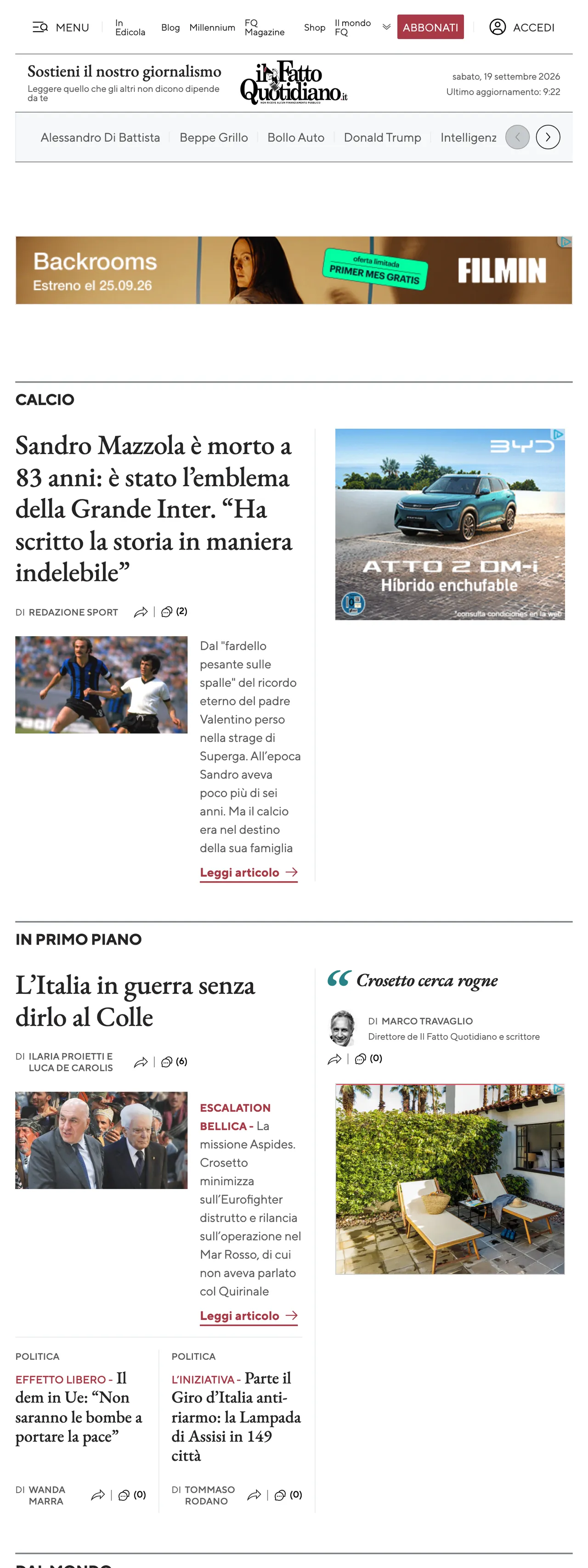 Screenshot of the Il Fatto Quotidiano front page