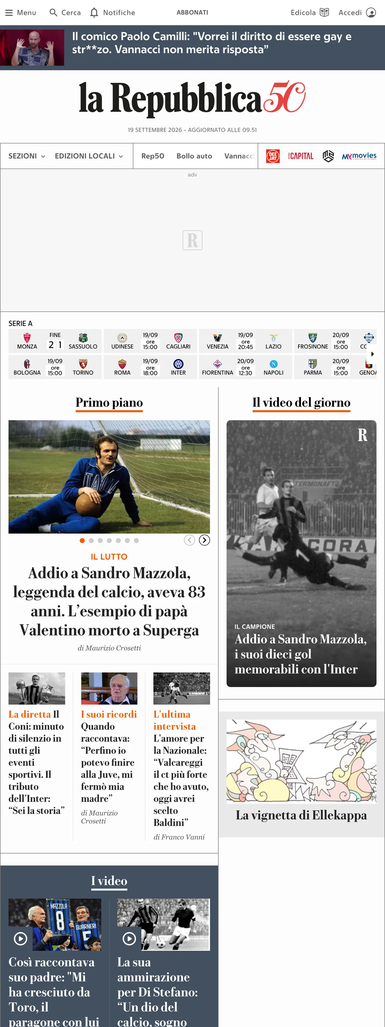 Screenshot of the la Repubblica front page