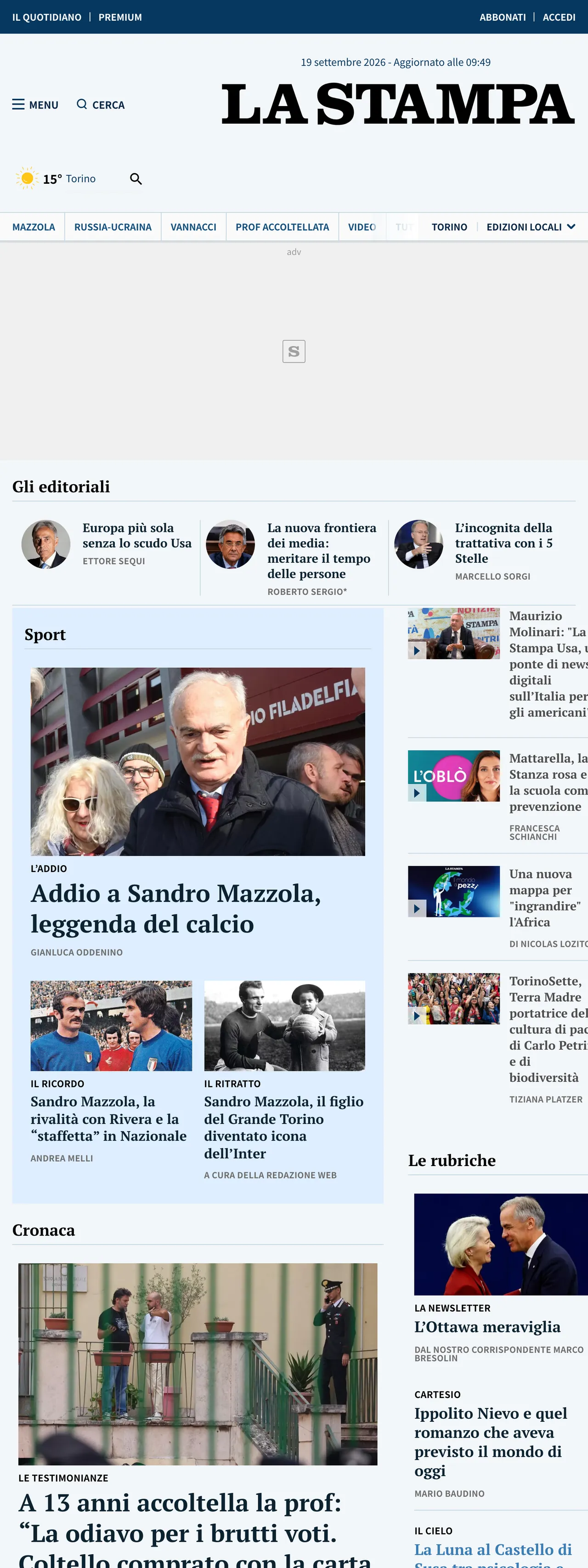 Screenshot of the La Stampa front page