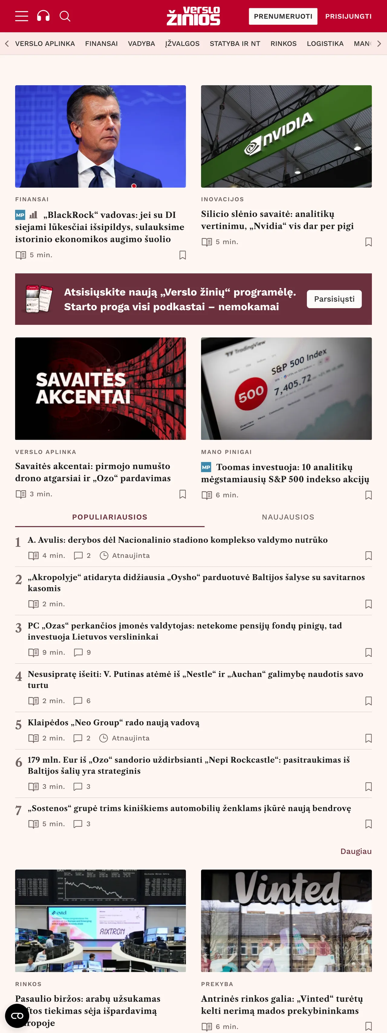Screenshot of the Verslo žinios front page