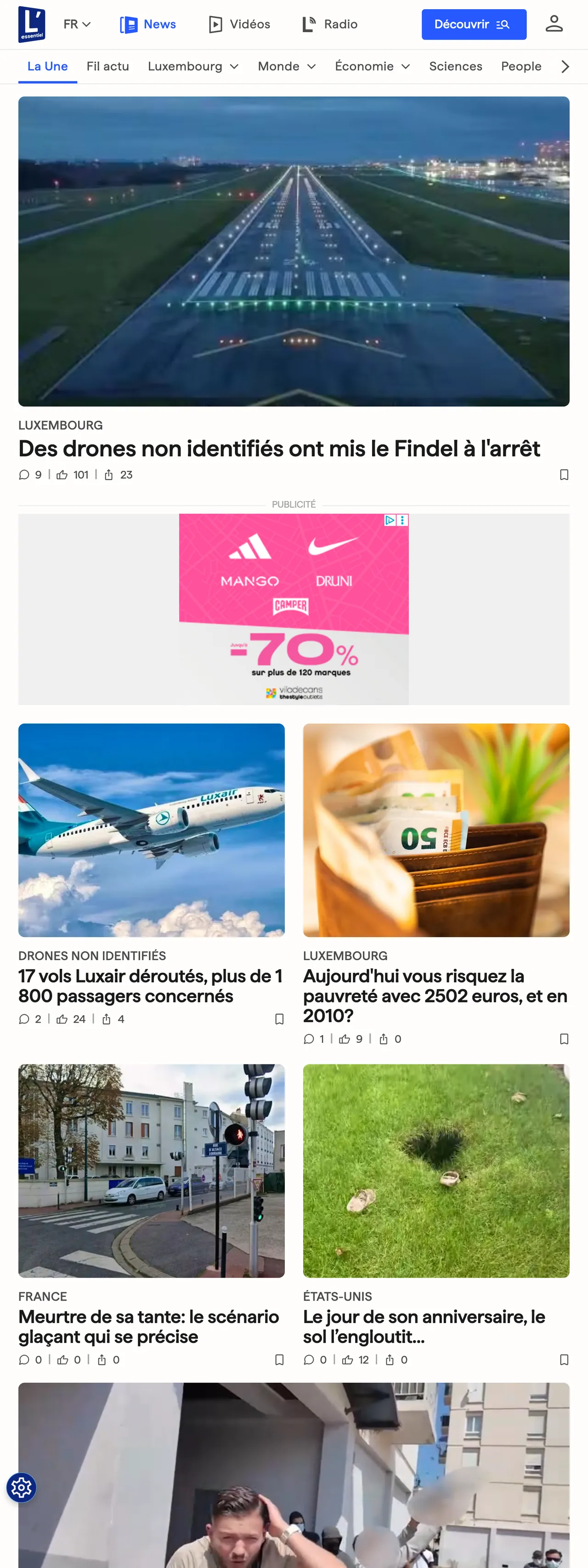 Screenshot of the L'essentiel front page