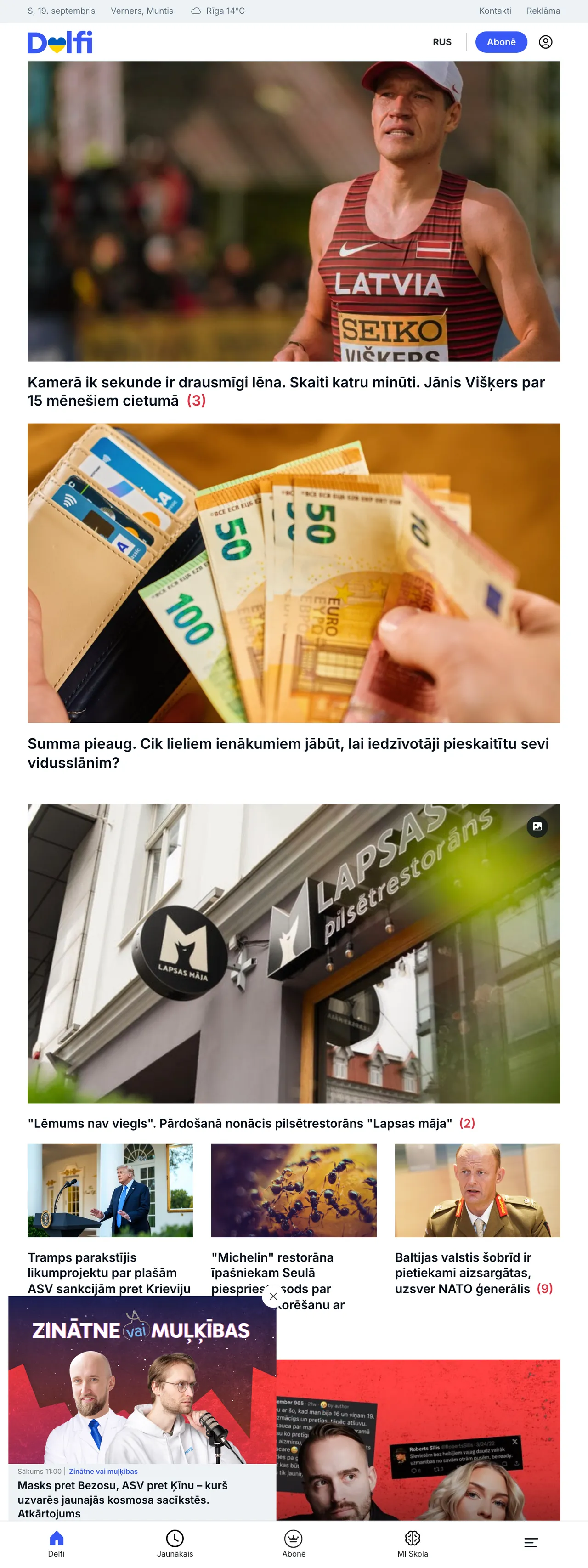 Screenshot of the Delfi front page