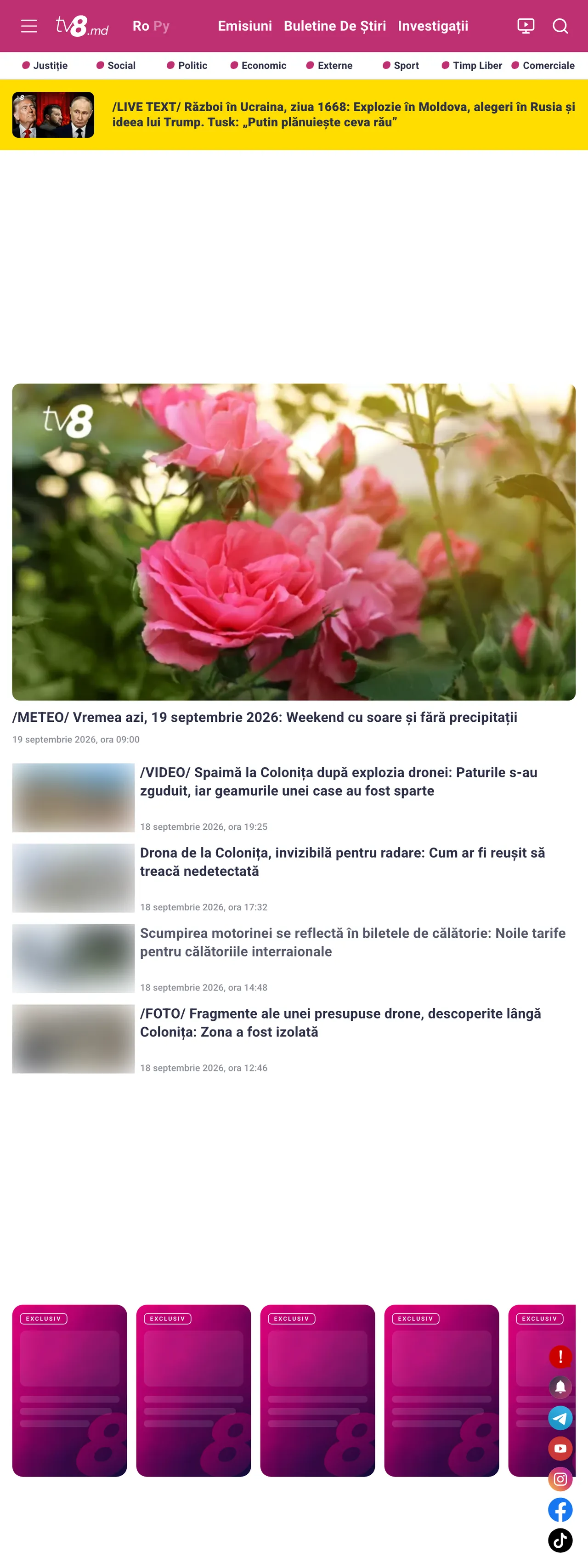 Screenshot of the TV8 front page