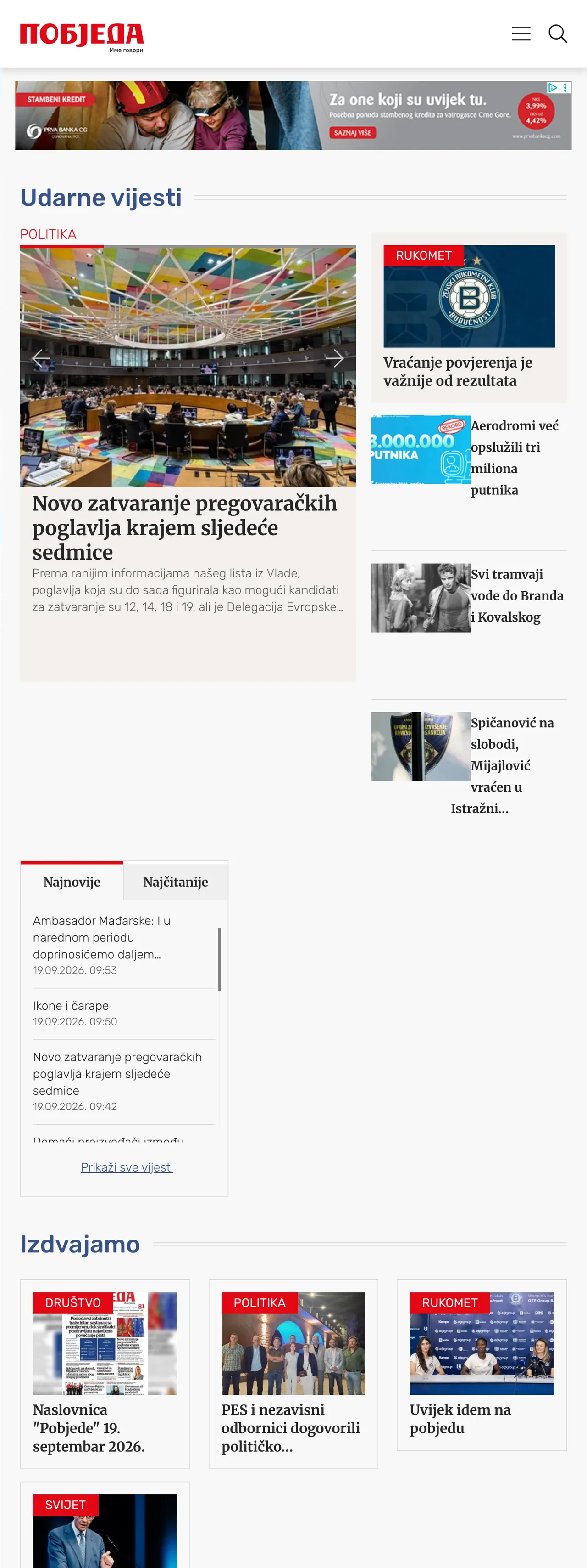 Screenshot of the Pobjeda front page