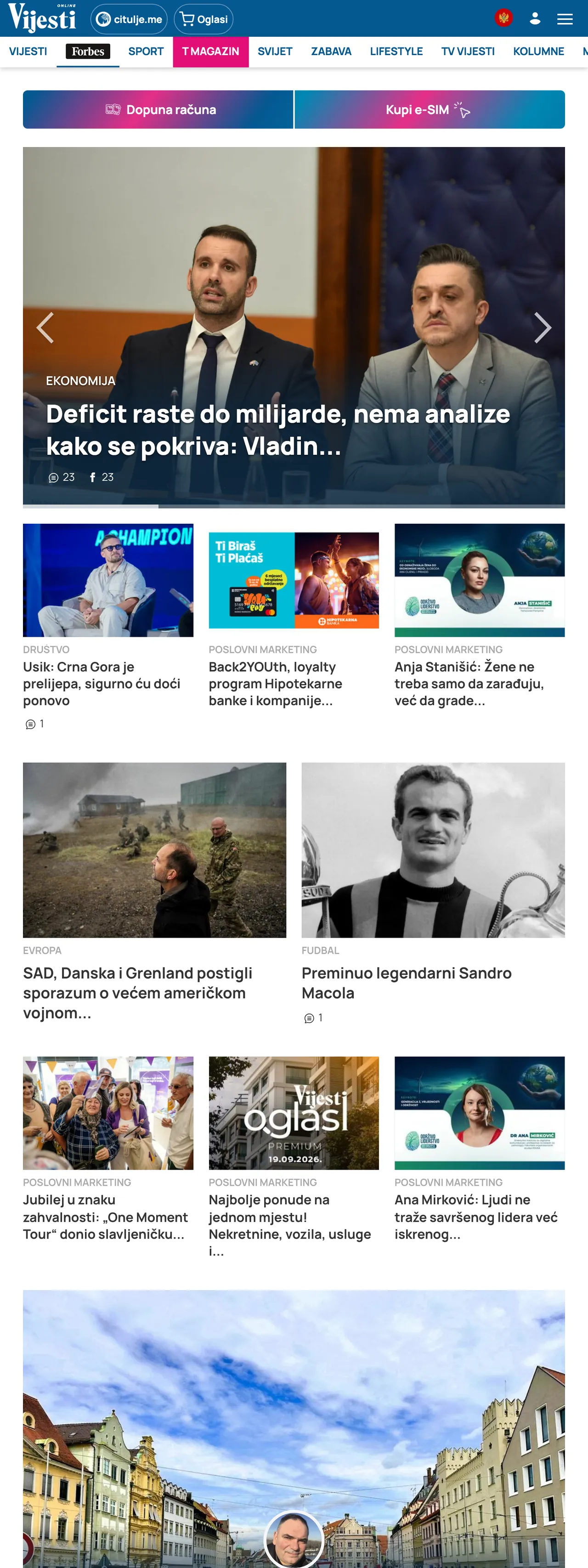 Screenshot of the Vijesti front page