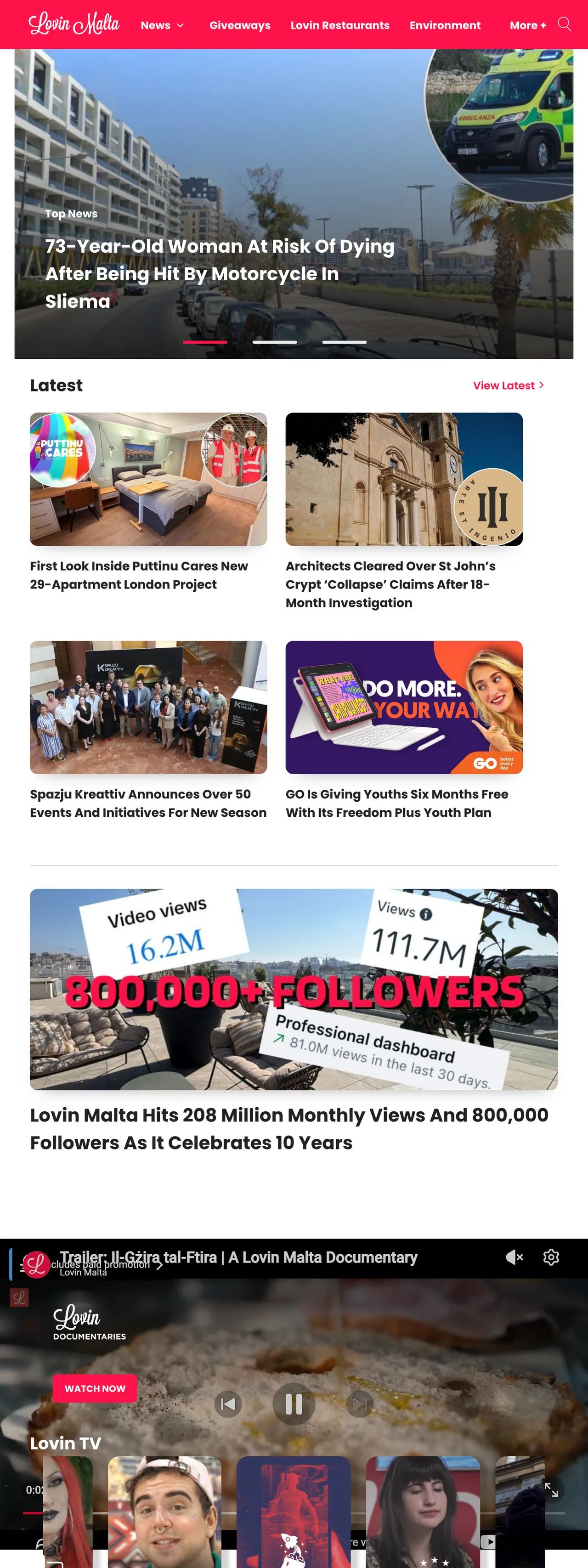 Screenshot of the Lovin Malta front page