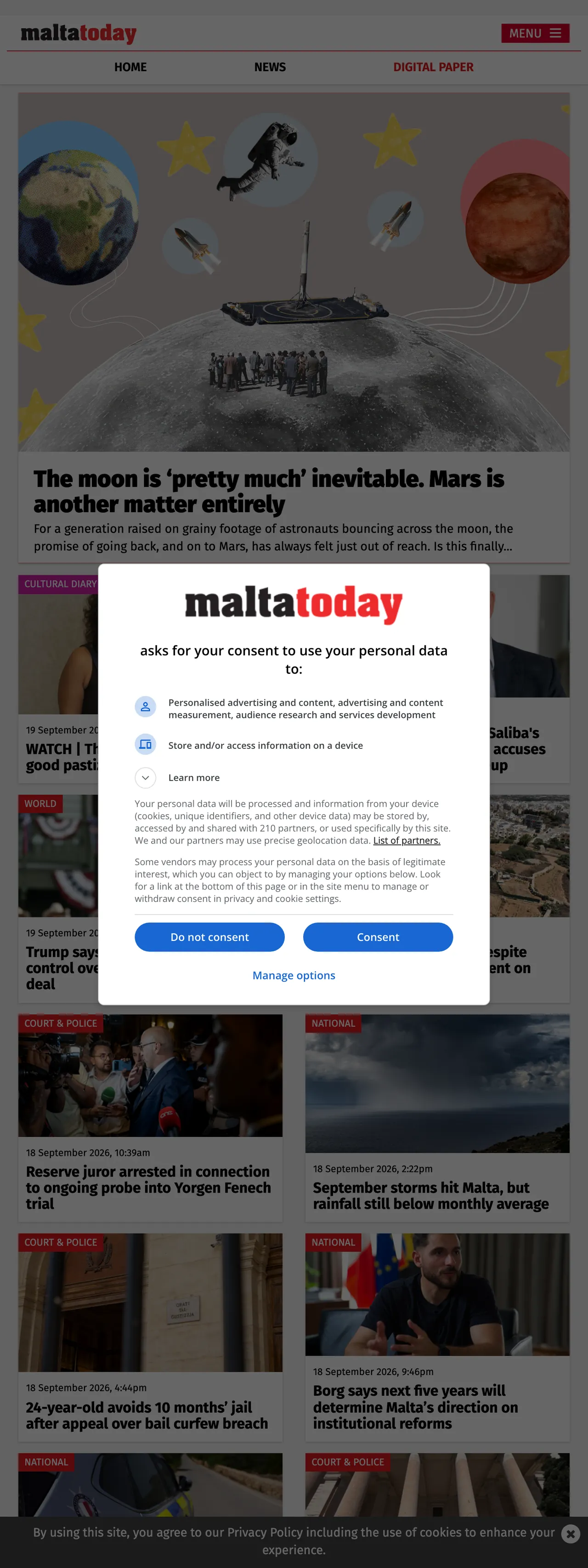Screenshot of the Malta Today front page