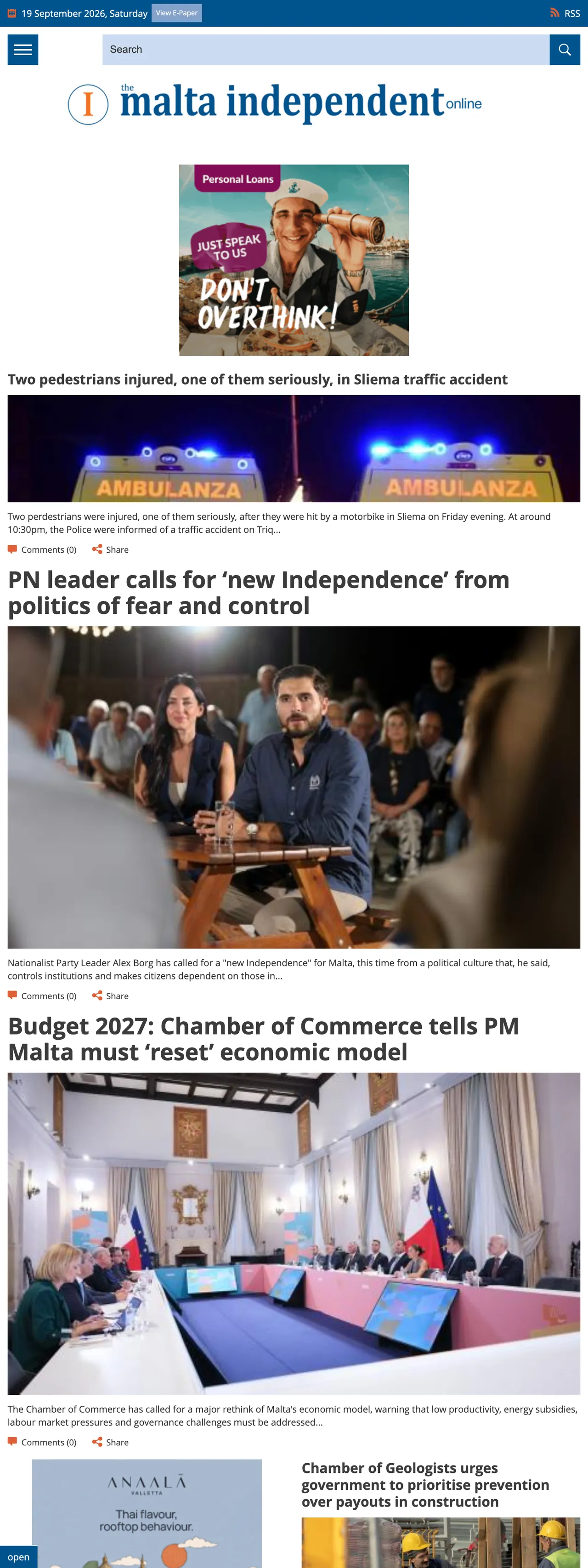 Screenshot of the The Malta Independent front page