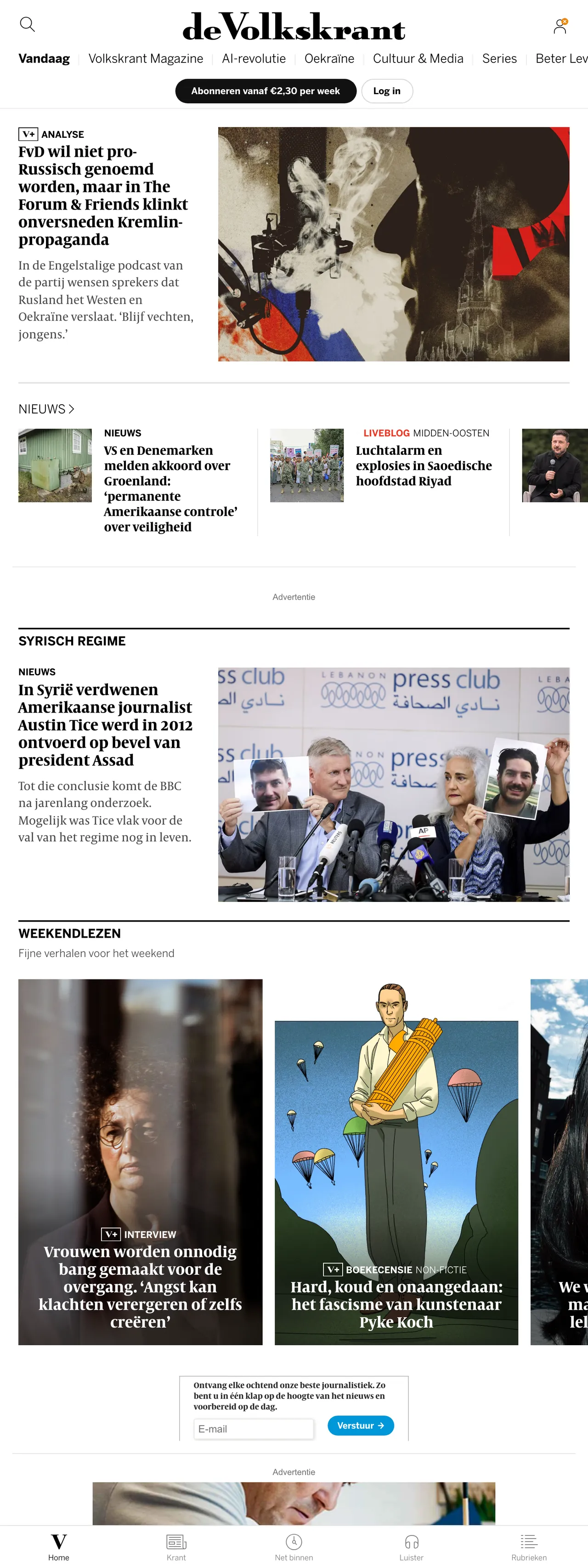 Screenshot of the de Volkskrant front page