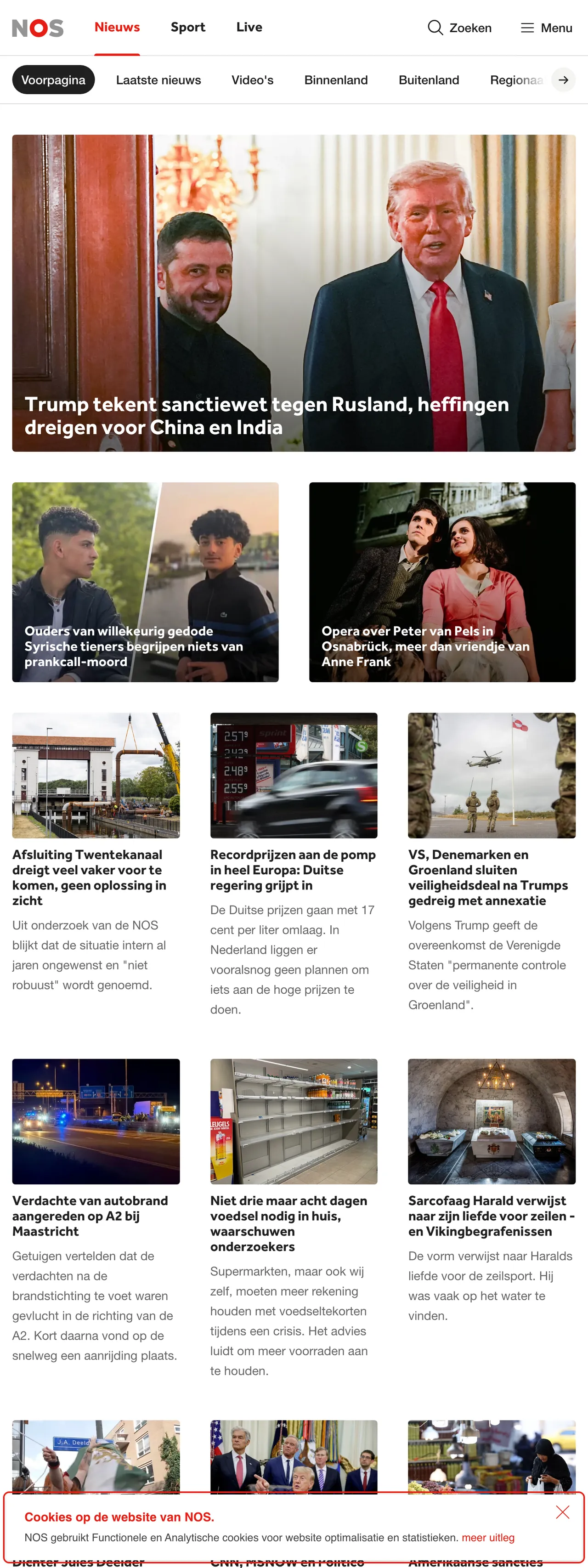 Screenshot of the NOS front page