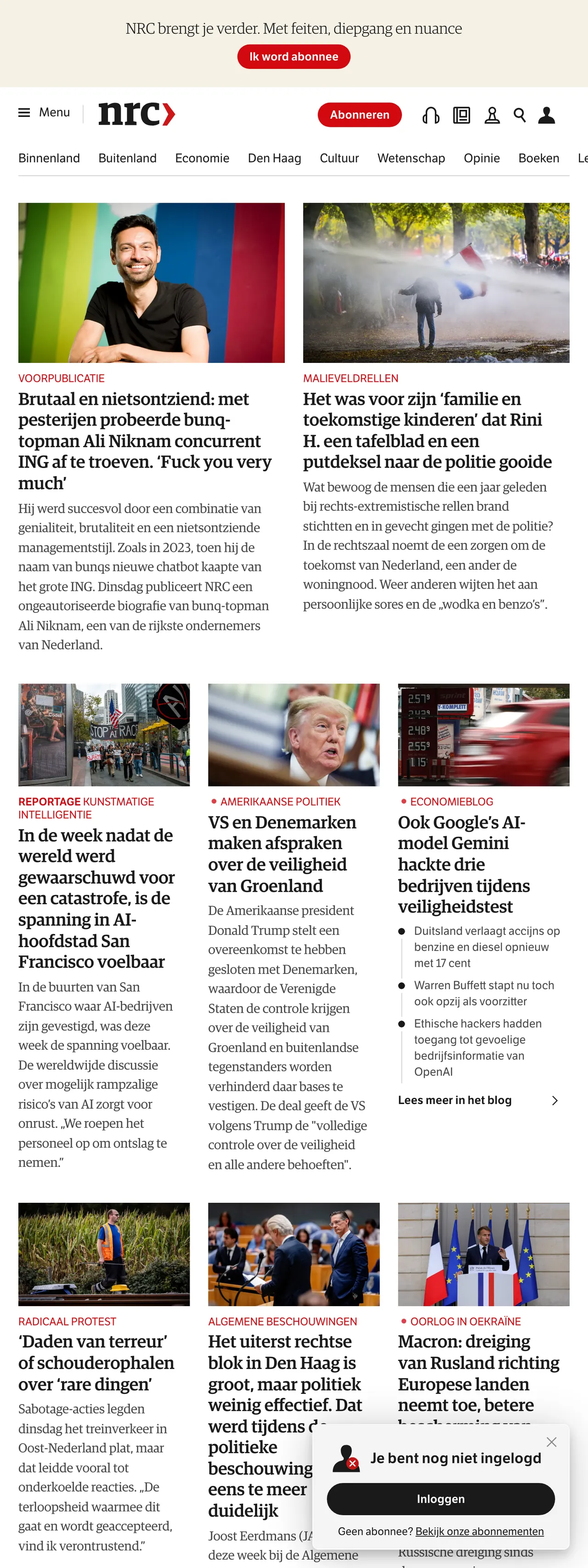 Screenshot of the NRC front page