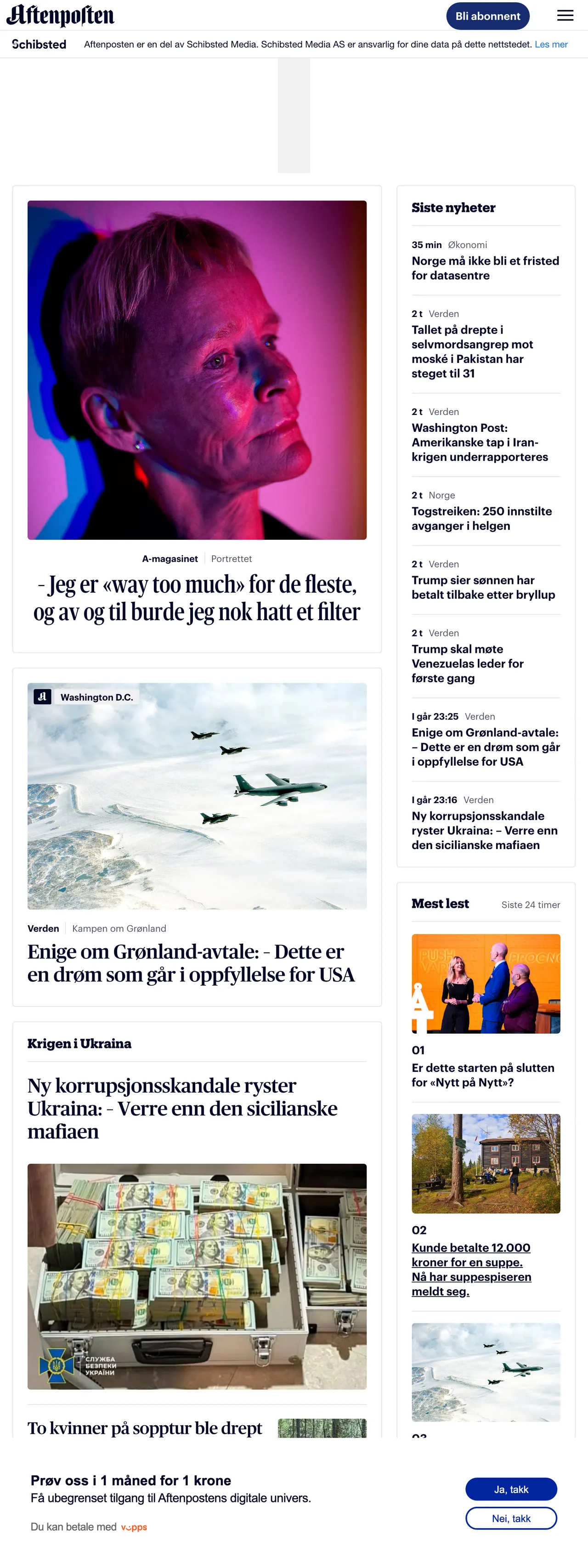 Screenshot of the Aftenposten front page
