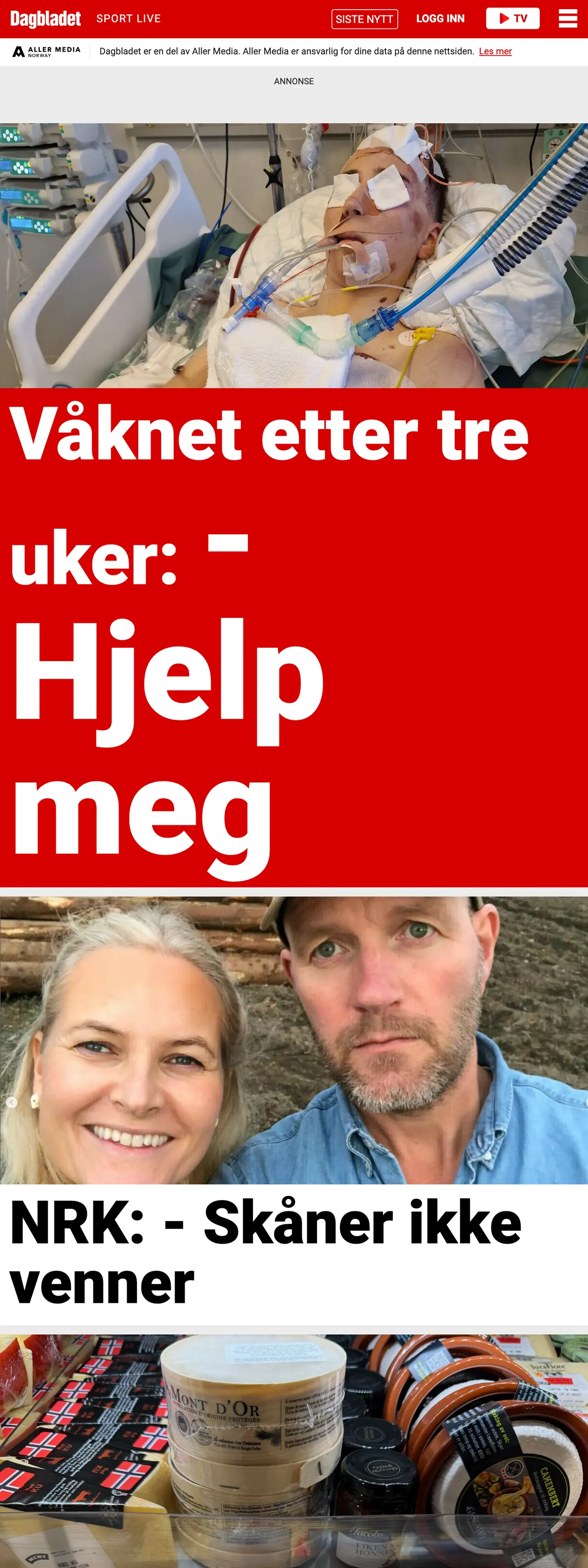 Screenshot of the Dagbladet front page
