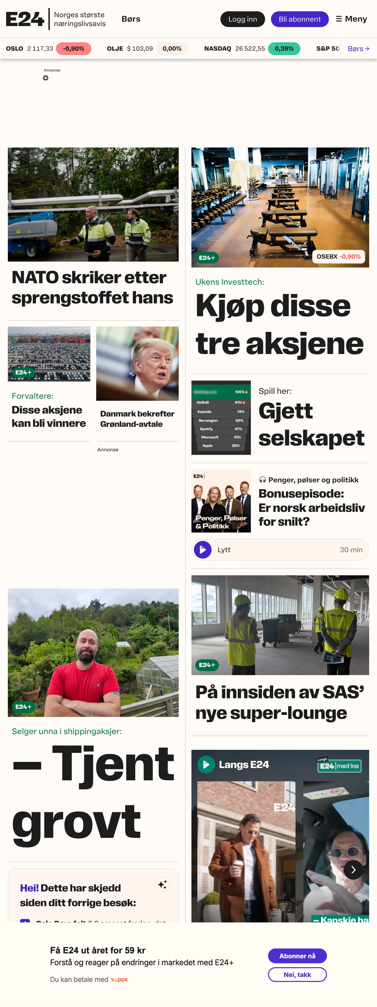 Screenshot of the E24 front page