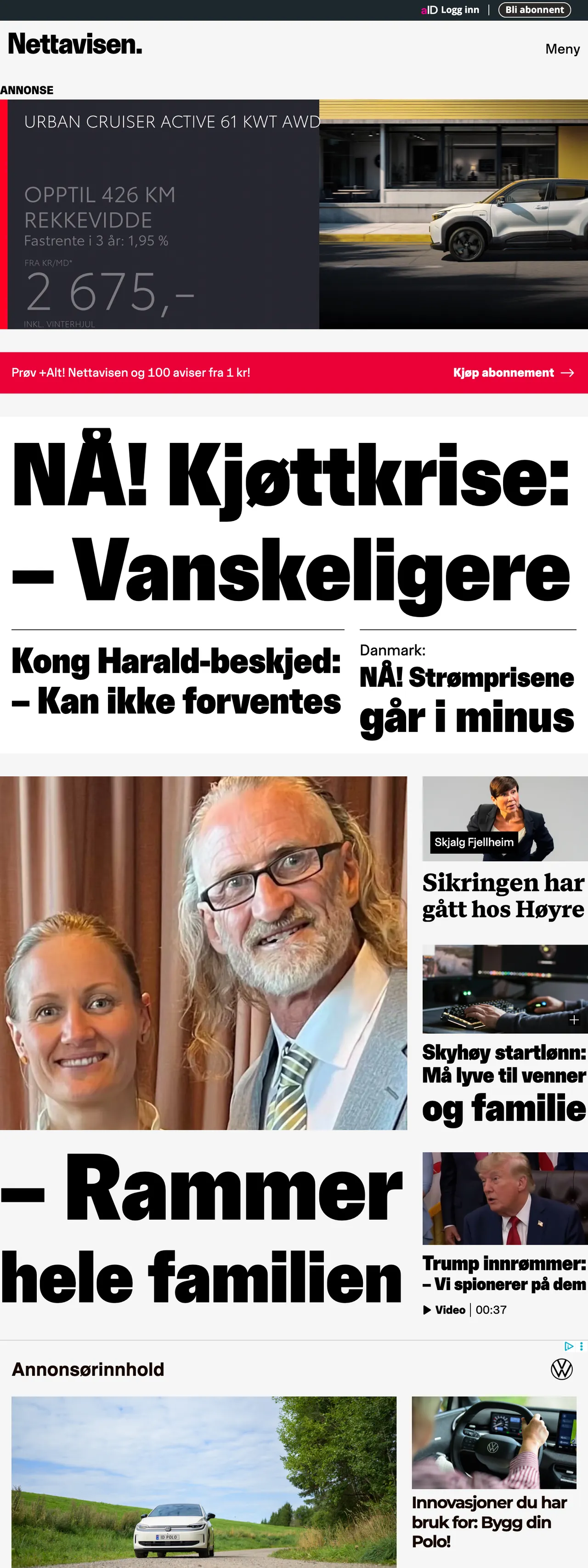 Screenshot of the Nettavisen front page