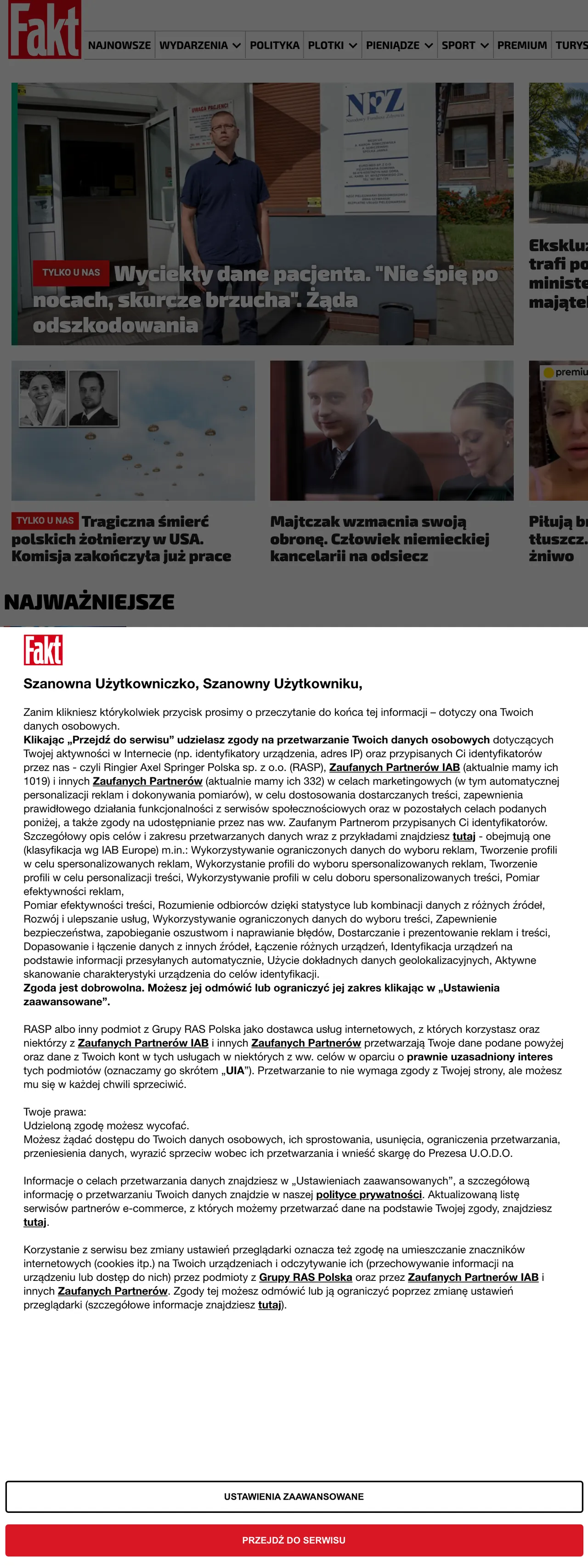 Screenshot of the Fakt front page