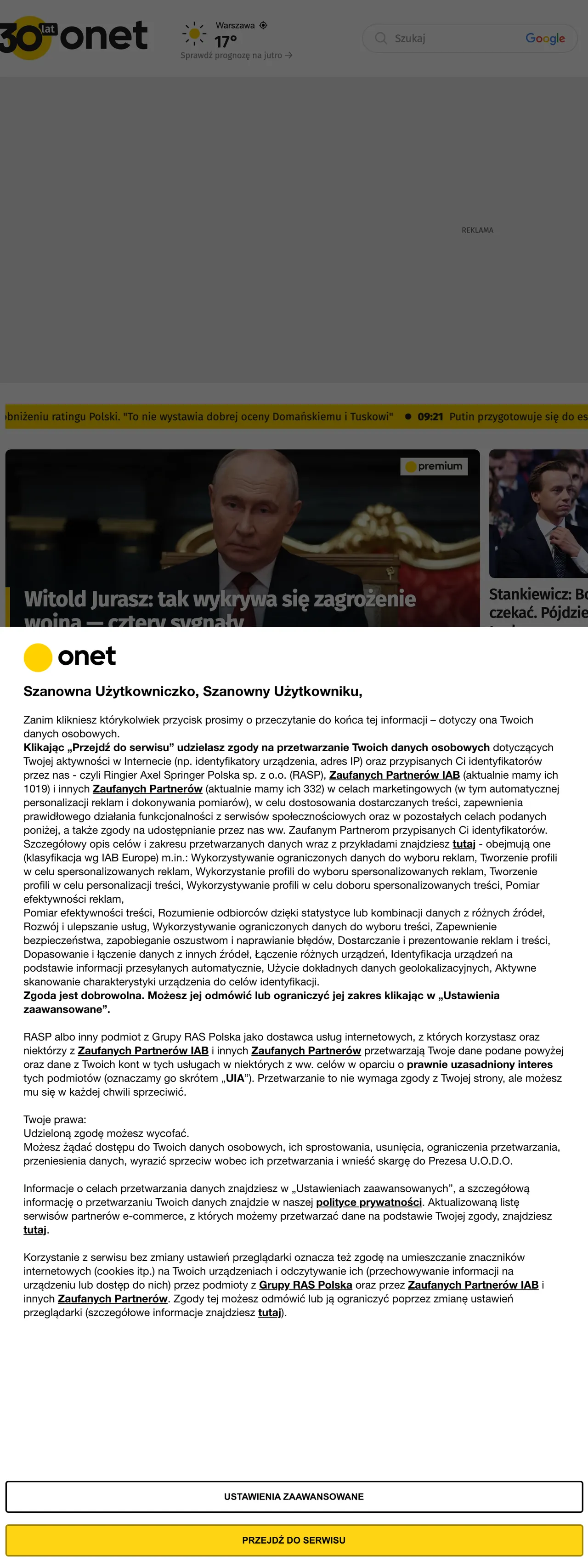 Screenshot of the Onet front page