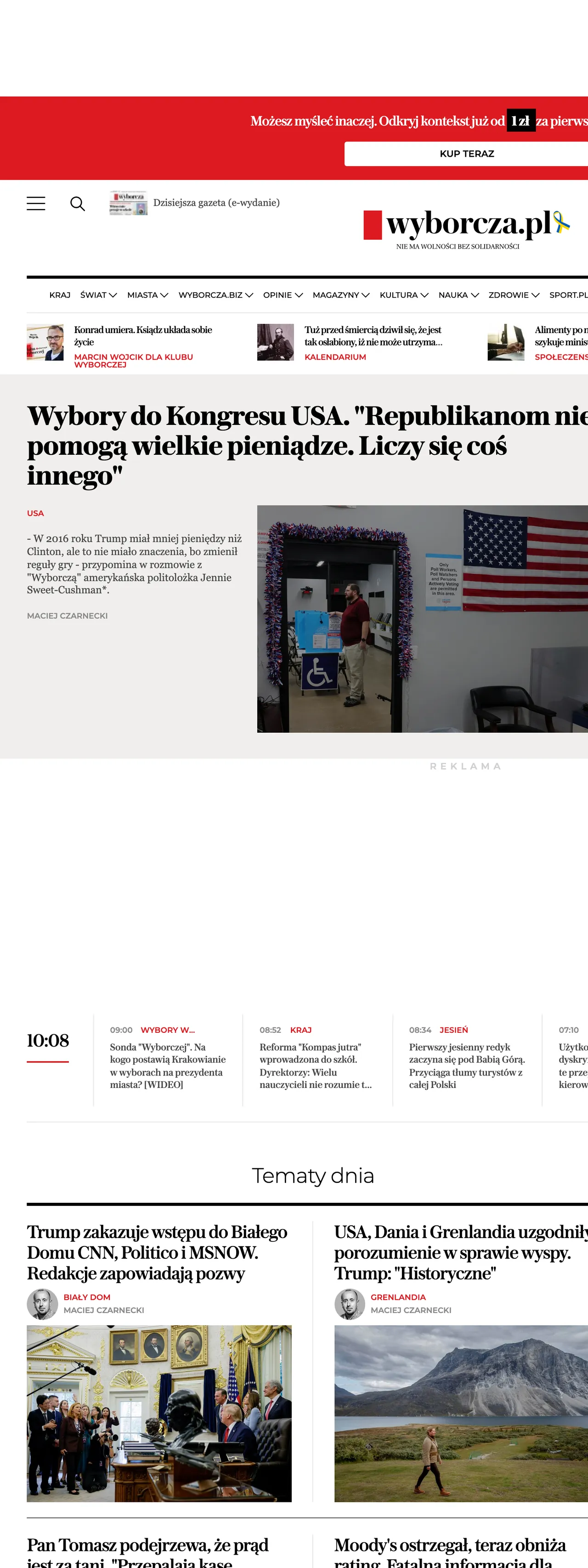 Screenshot of the Wyborcza front page