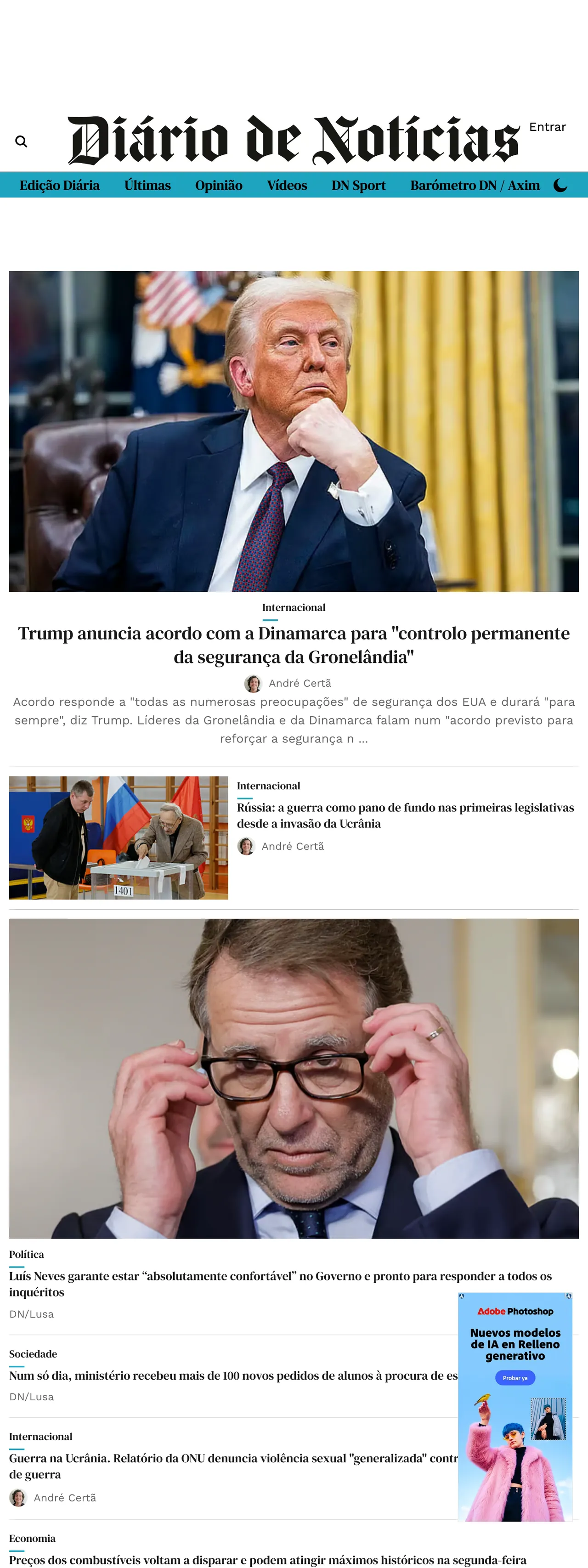 Screenshot of the Diário de Notícias front page