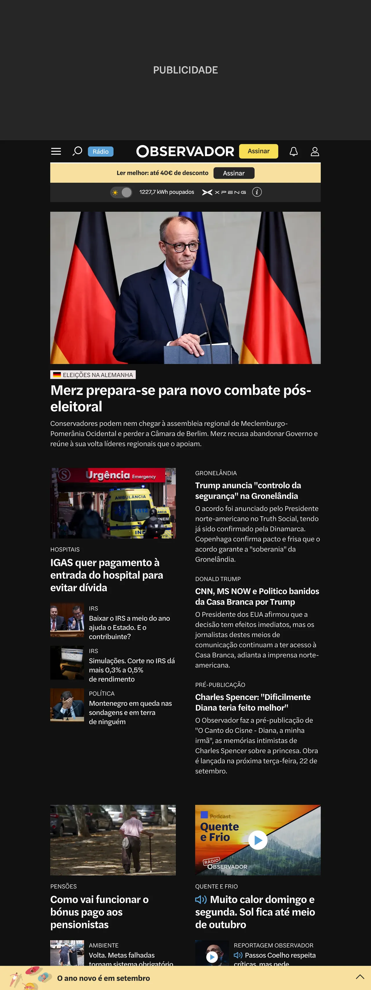 Screenshot of the Observador front page