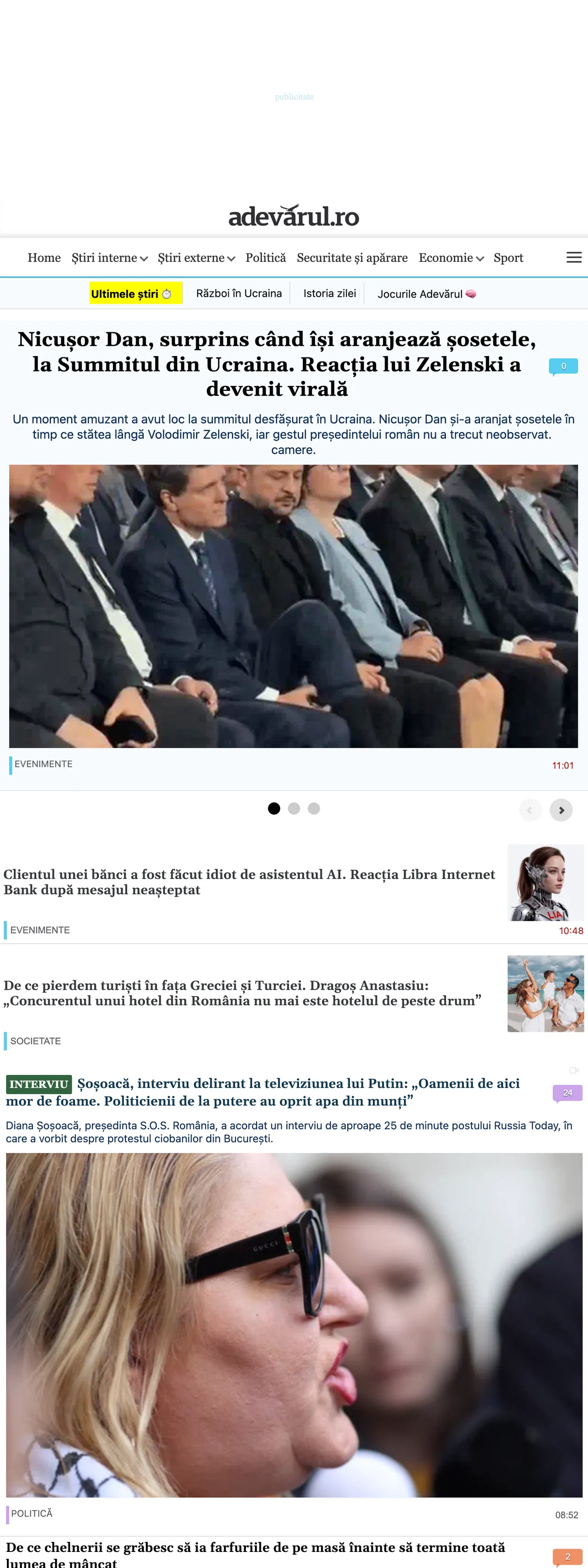 Screenshot of the Adevărul front page