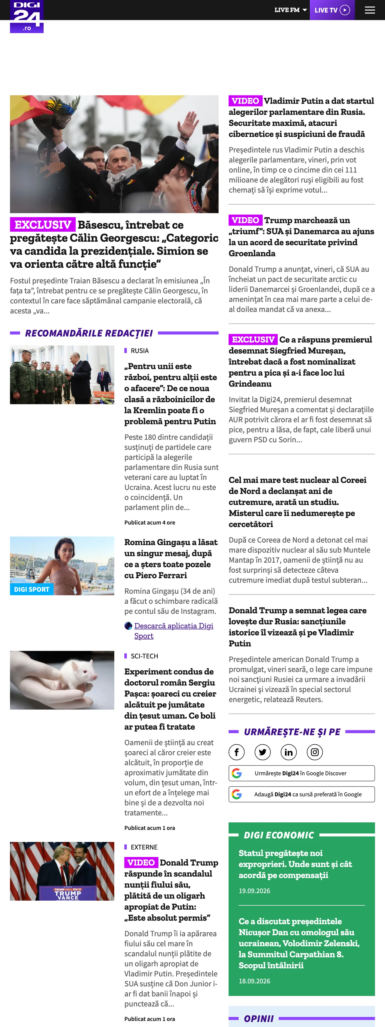 Screenshot of the Digi24 front page