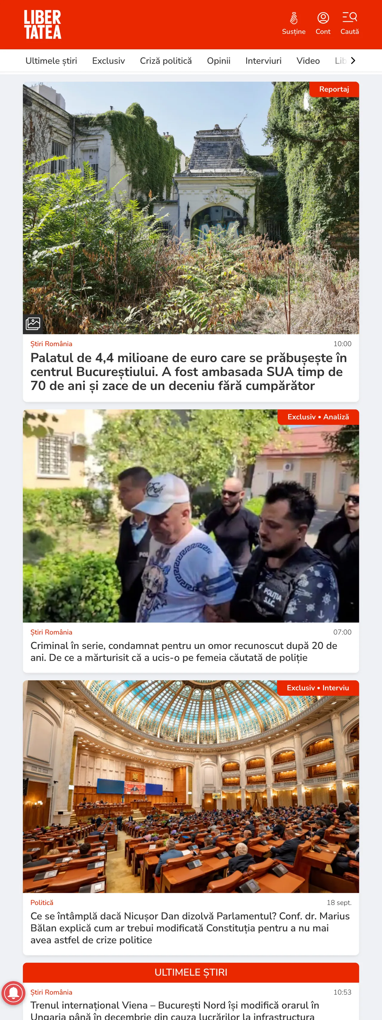Screenshot of the Libertatea front page
