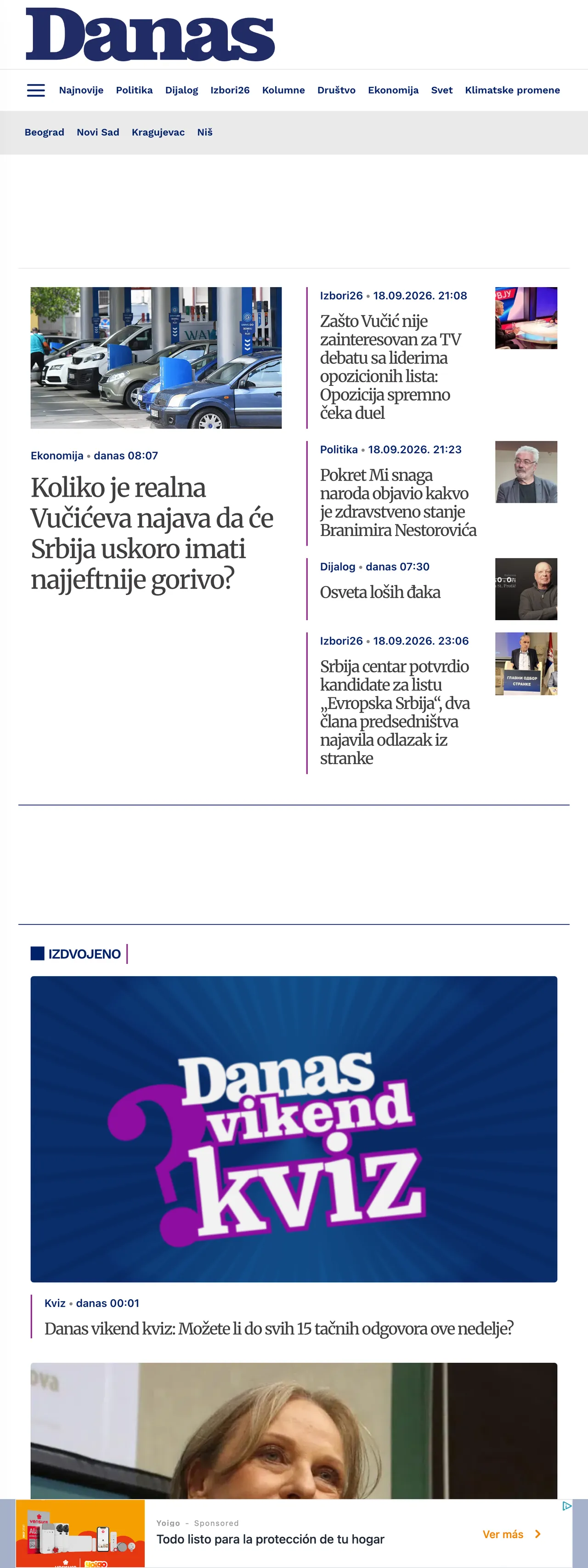 Screenshot of the Danas front page