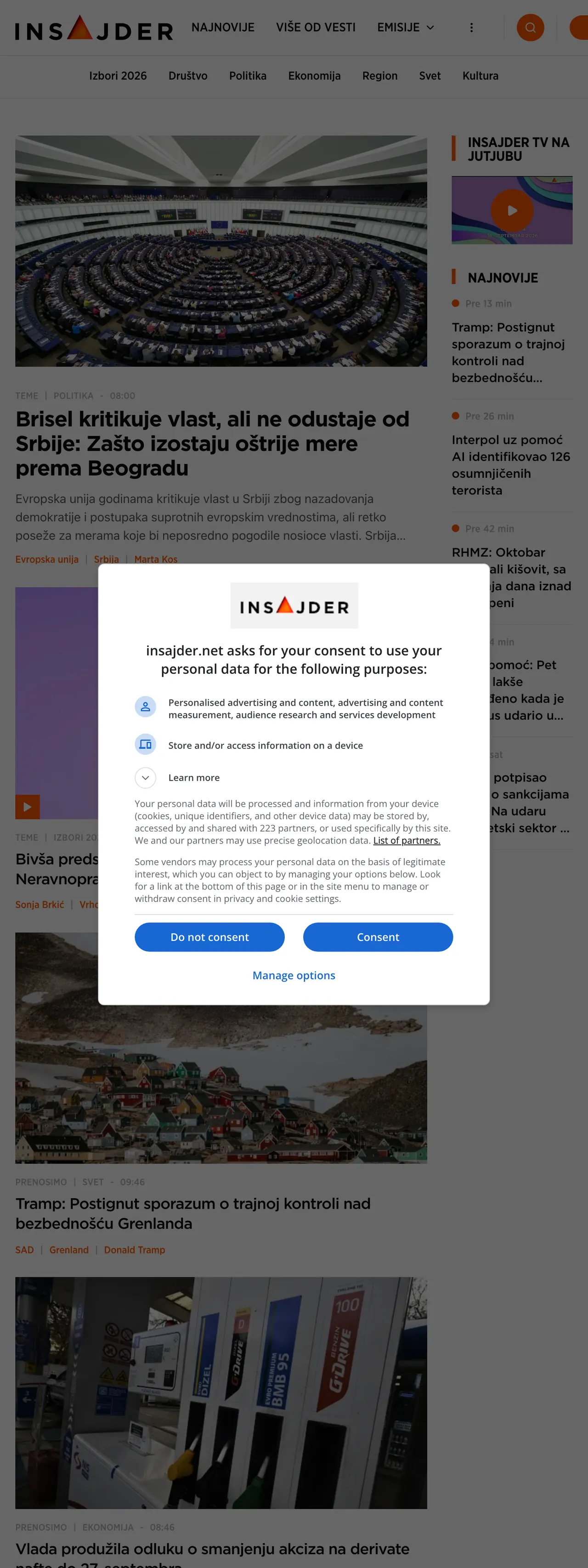 Screenshot of the Insajder front page