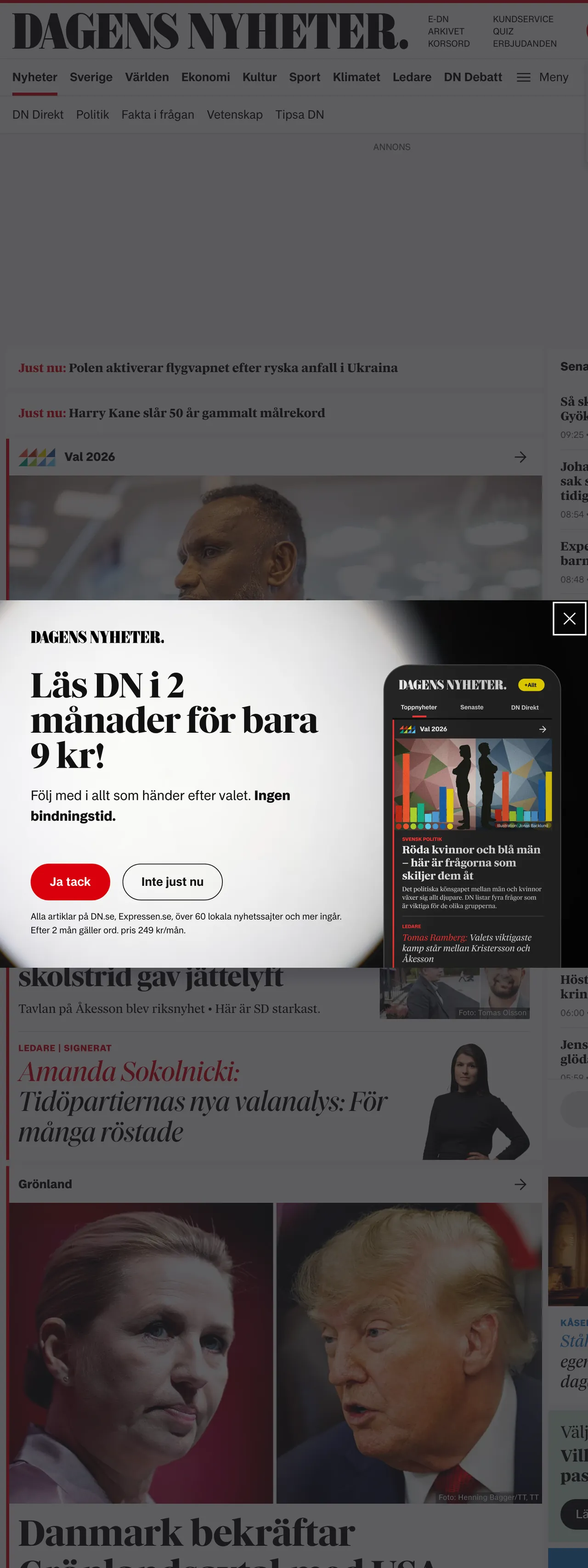 Screenshot of the Dagens Nyheter front page