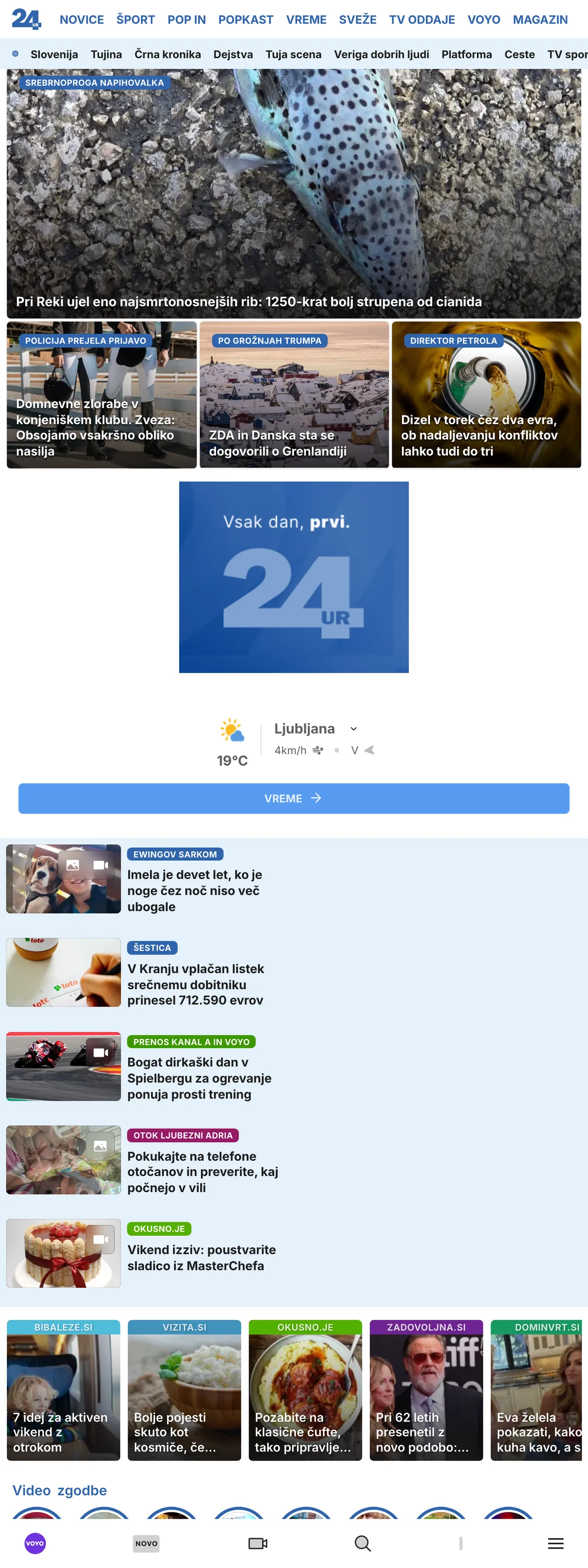 Screenshot of the 24ur front page