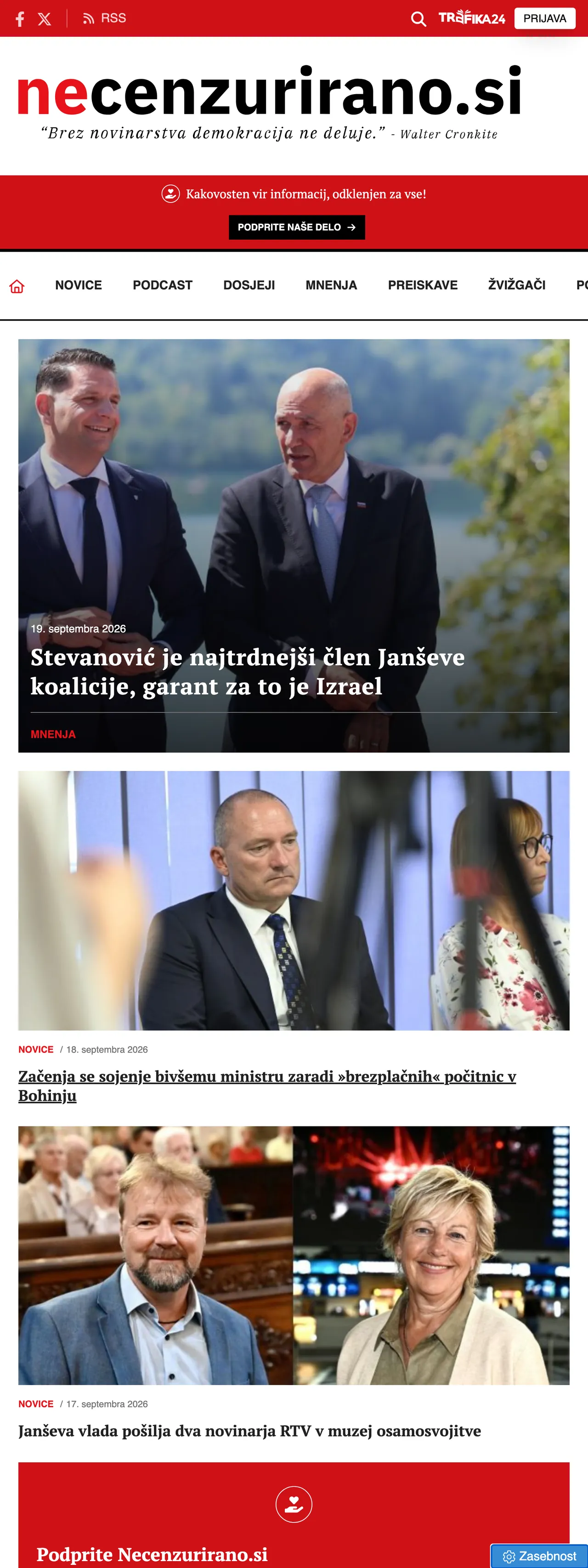 Screenshot of the Necenzurirano front page