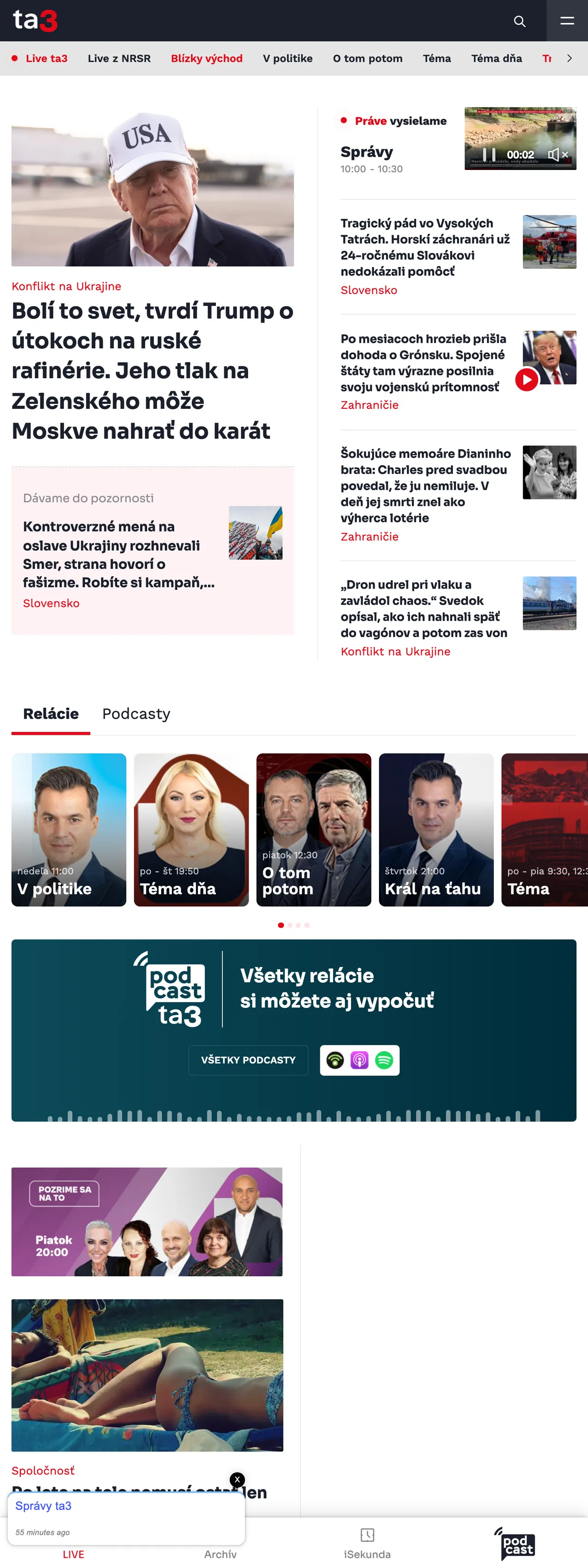 Screenshot of the TA3 front page
