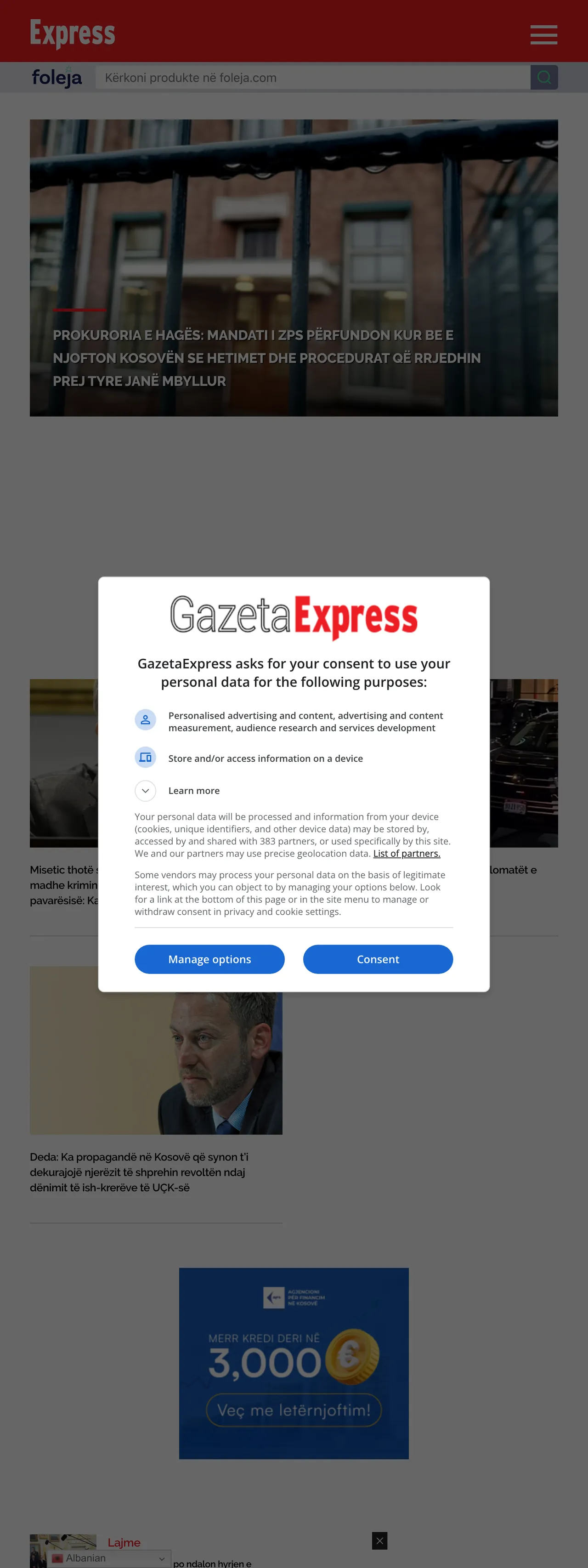 Screenshot of the Gazeta Express front page