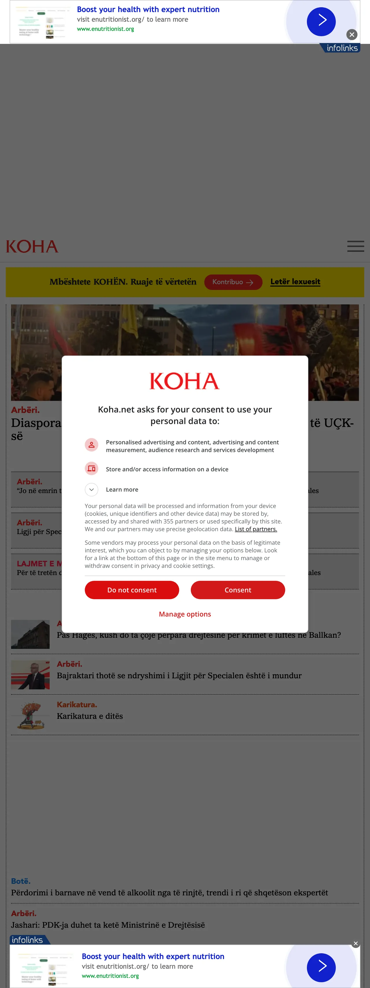 Screenshot of the Koha Ditore front page