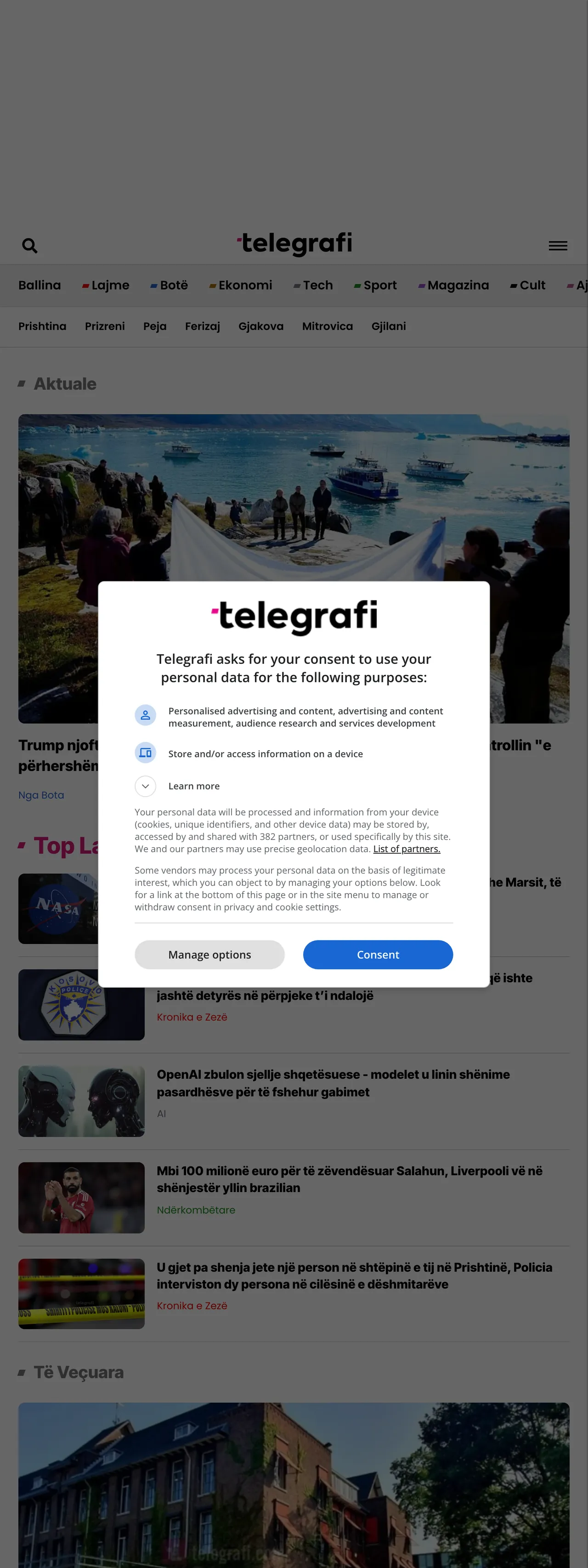 Screenshot of the Telegrafi front page