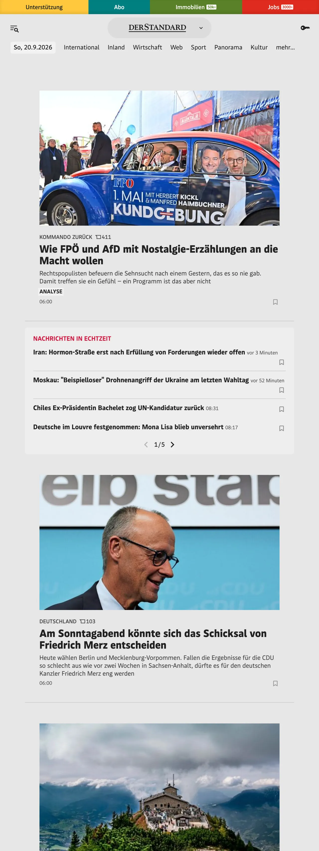 Screenshot of the DER STANDARD front page