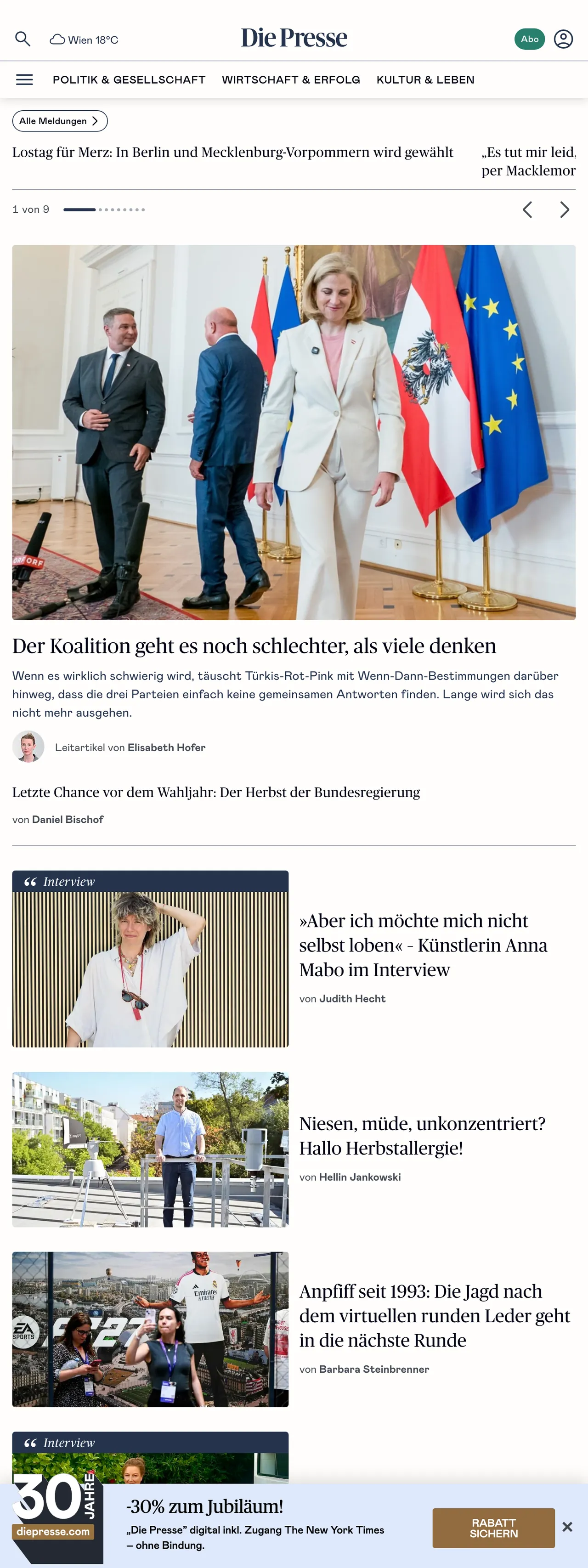 Screenshot of the Die Presse front page