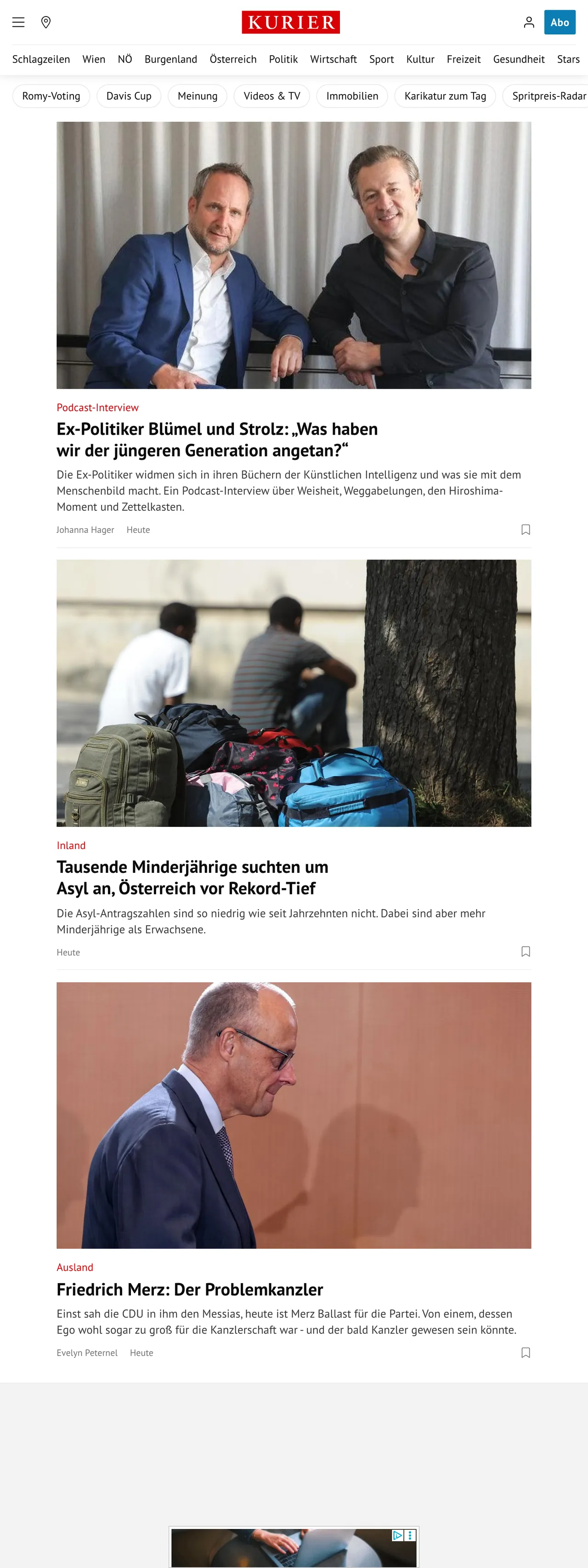 Screenshot of the Kurier front page