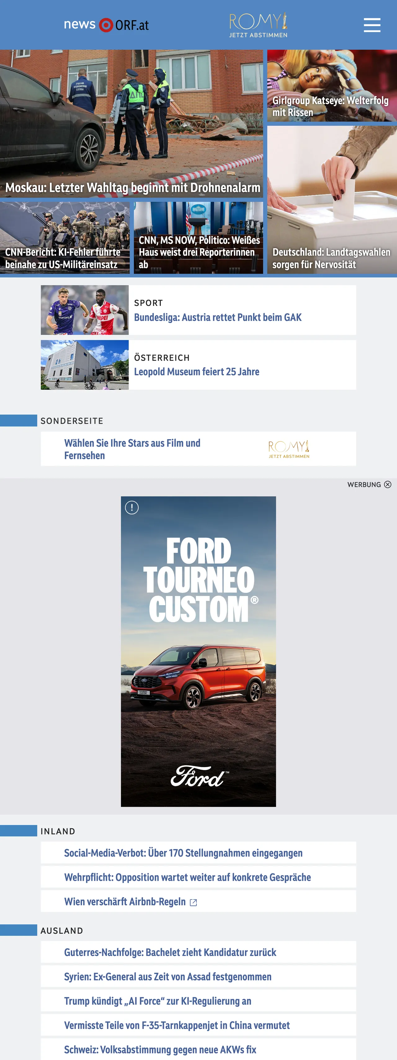 Screenshot of the ORF front page