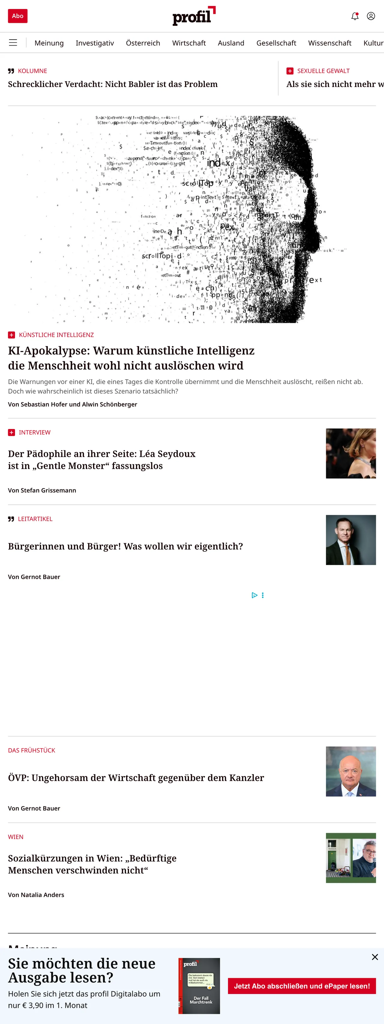 Screenshot of the profil front page