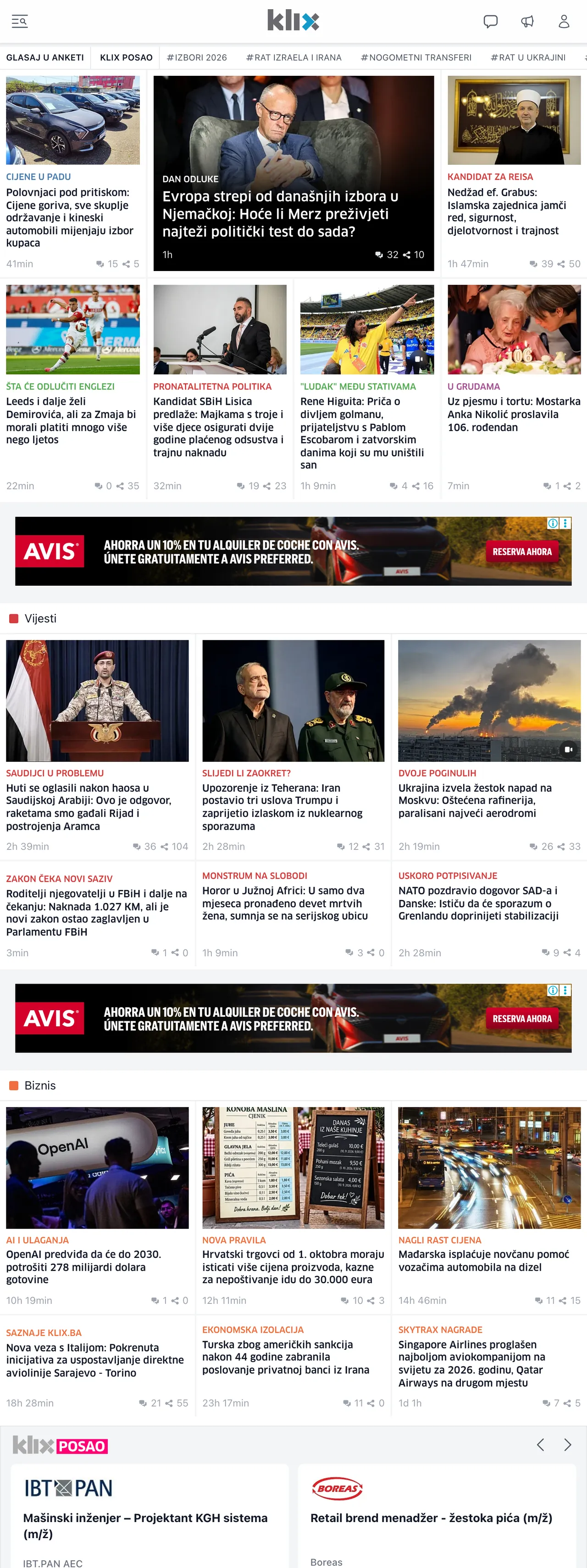 Screenshot of the Klix.ba front page