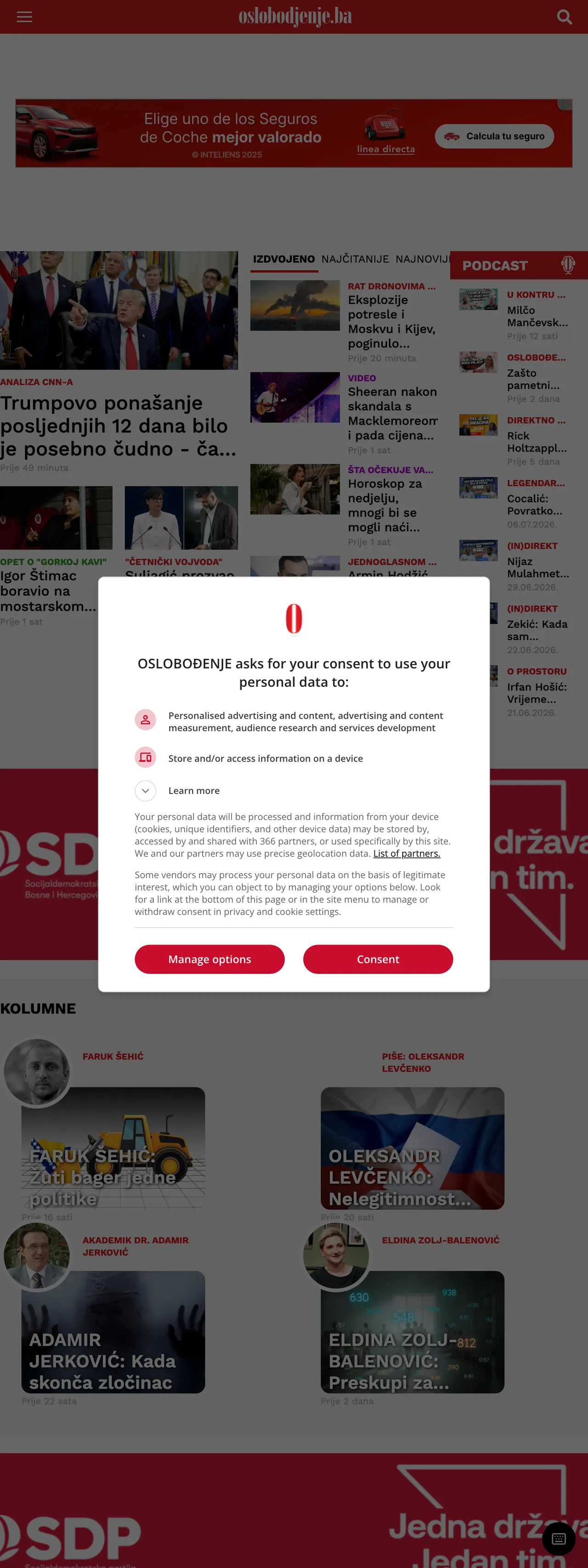Screenshot of the Oslobođenje front page
