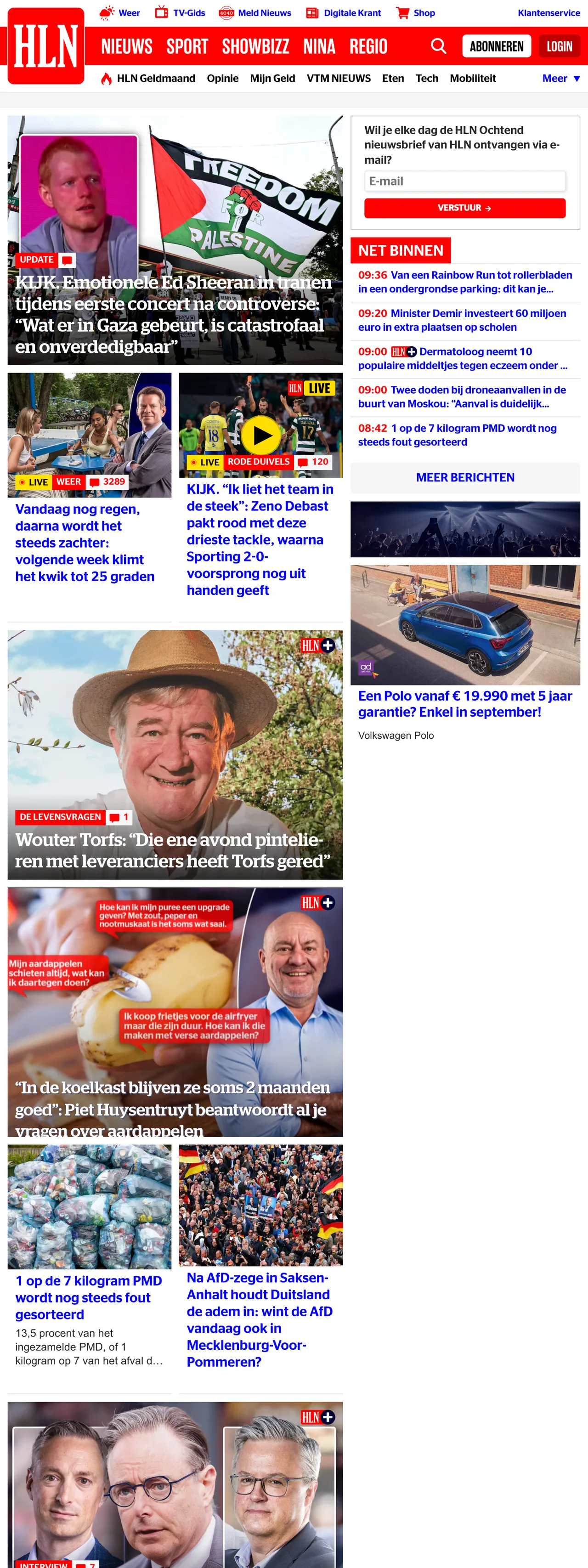Screenshot of the HLN front page