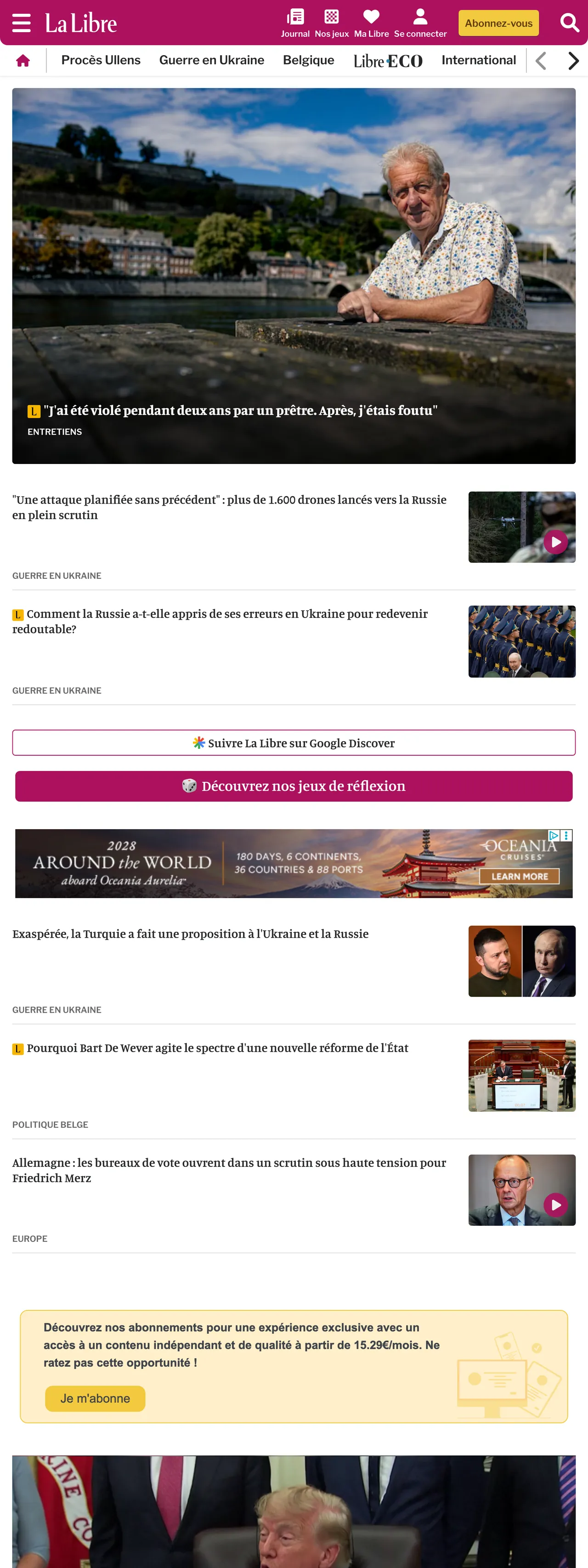 Screenshot of the La Libre front page